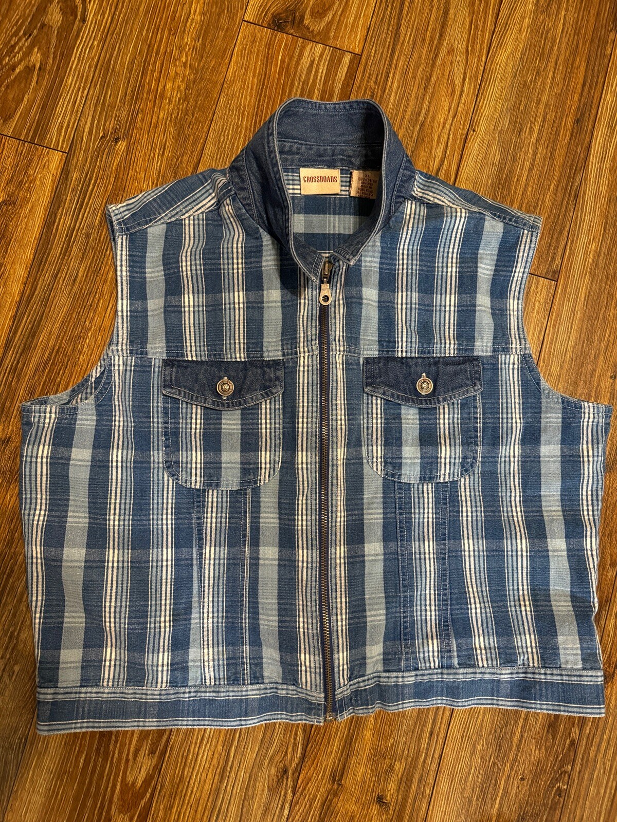 90’s Vintage Women’s XL Blue Plaid Denim Metal Zip Front Vest Chest Pockets