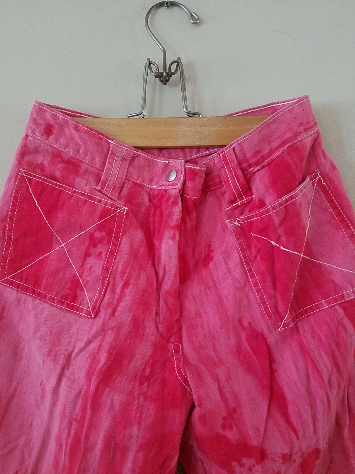 Vintage 70s Red Tie Die Wide Leg Jeans w/embroidery, Youth/Teen size 28″ x 26″