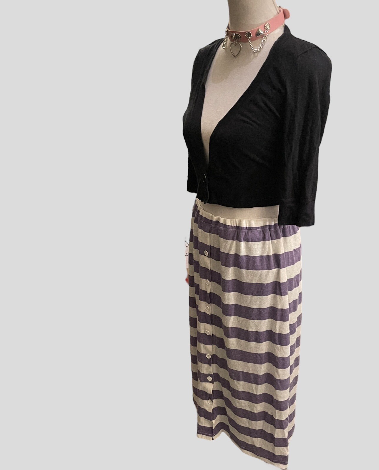 Vintage Skirt Midi 80s Low Waist Striped Cotton Jersey Indie Soft Girl Gen Z M
