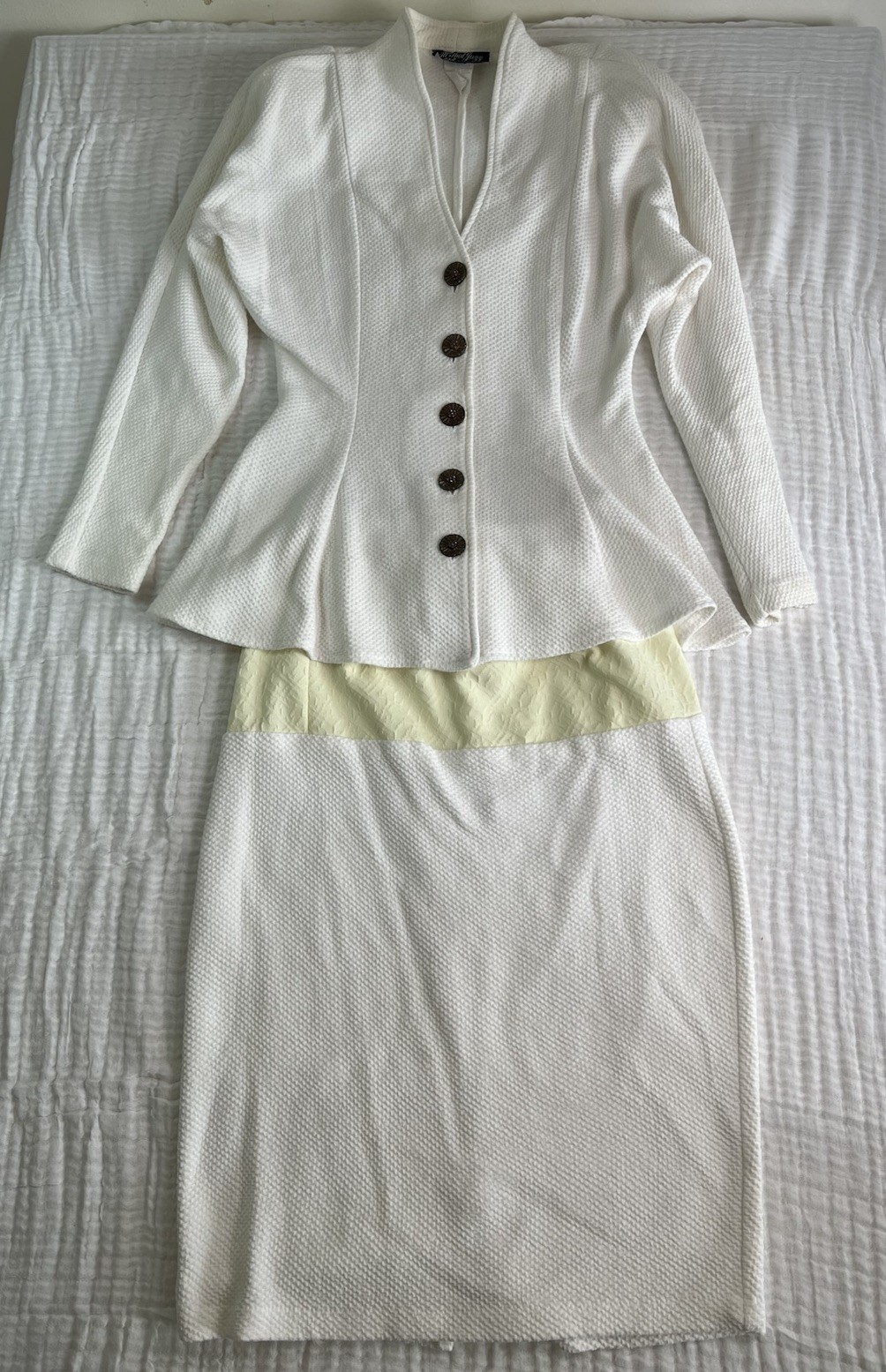 Vintage All that Jazz Skirt White Yellow 2pc Skirt Suit Sz 13/14 Stretch Waffle