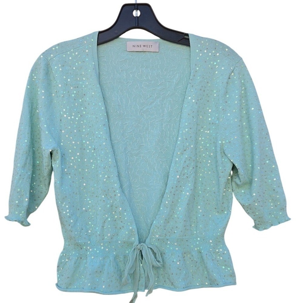 Vintage Cottage Core Coquette Sequin Cardigan Mint Green Peplum Fairy Garden