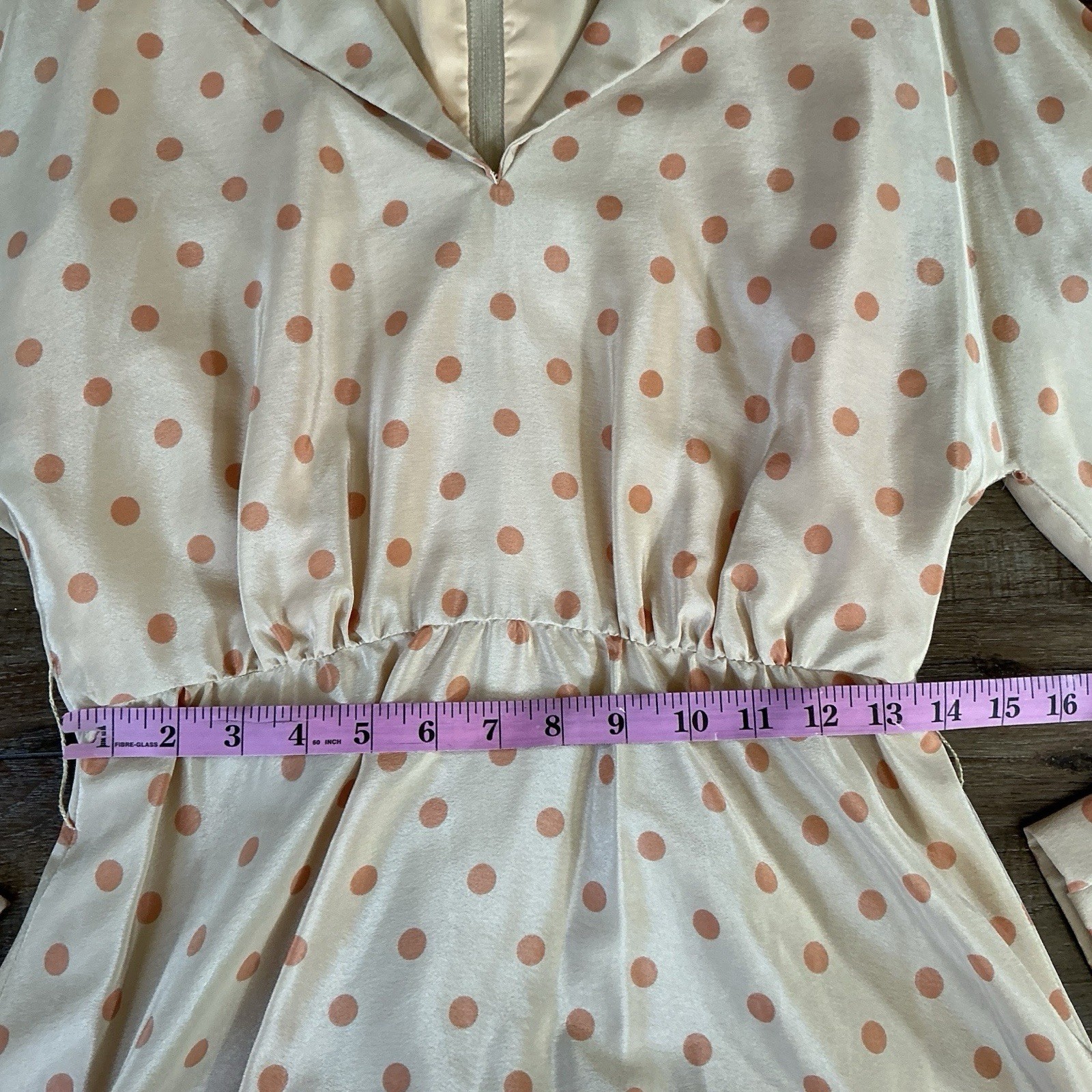 70s VTG Peach Polka Dot Belted Midi Dress Size M Blouson Sleeve Zip Back #1102