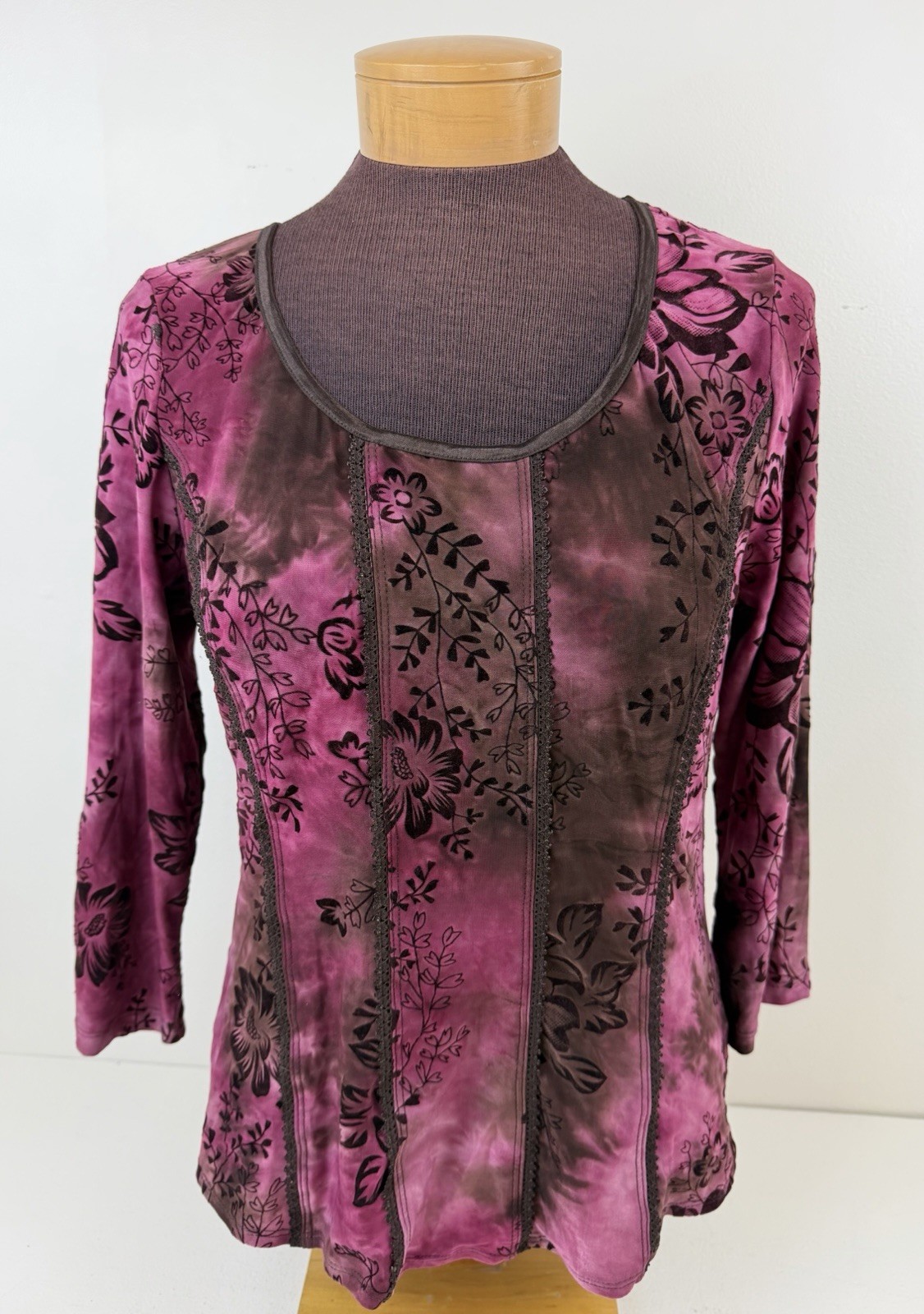 Vtg Y2K Dressbarn Velvet Burnout Corset Floral Top Sz M Pink/Brown Fairy Grunge