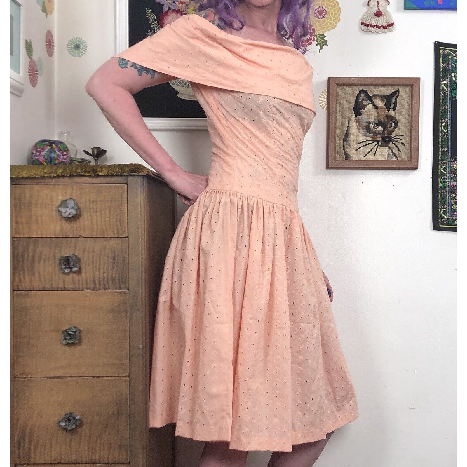 Vintage Eyelet Dress, 1980s Peach Cotton Cottagecore Dress, Off-Shoulder Size S