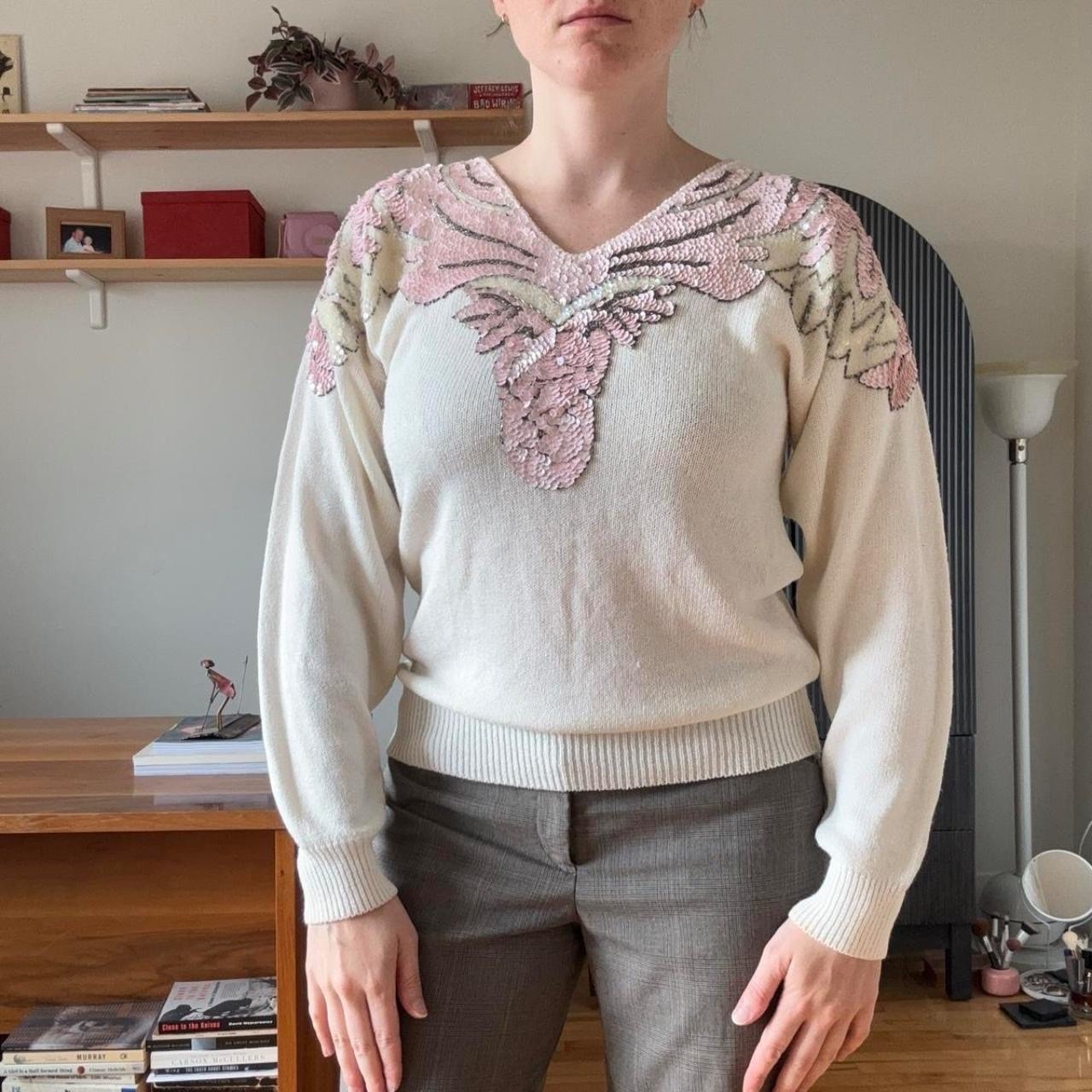 vintage 80s white knit sweater with sequin & bead details size M MINT CONDITION