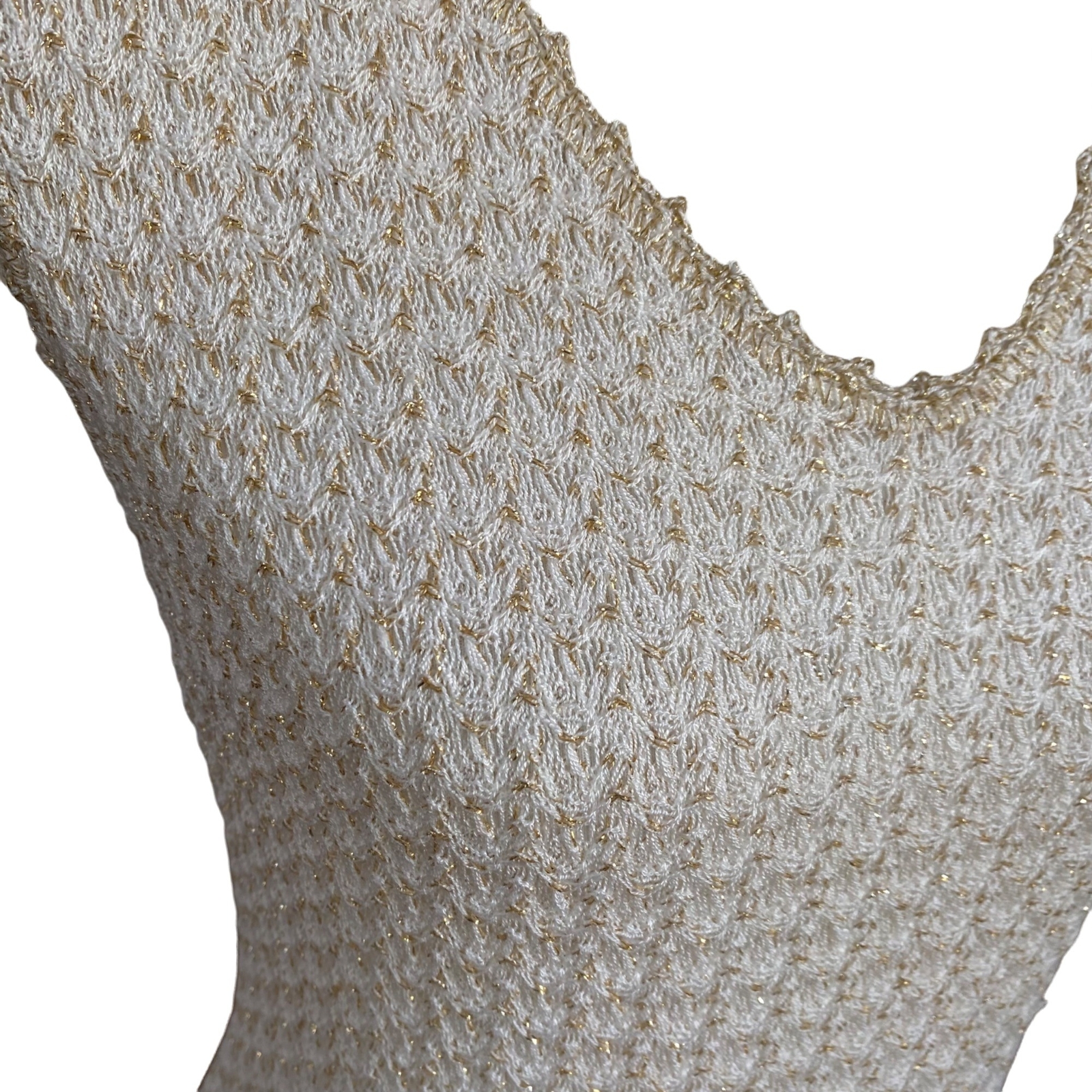 Vintage Crochet Dress Mod 60s 70s Sleeveless Boho Cream Metallic Gold Size Large