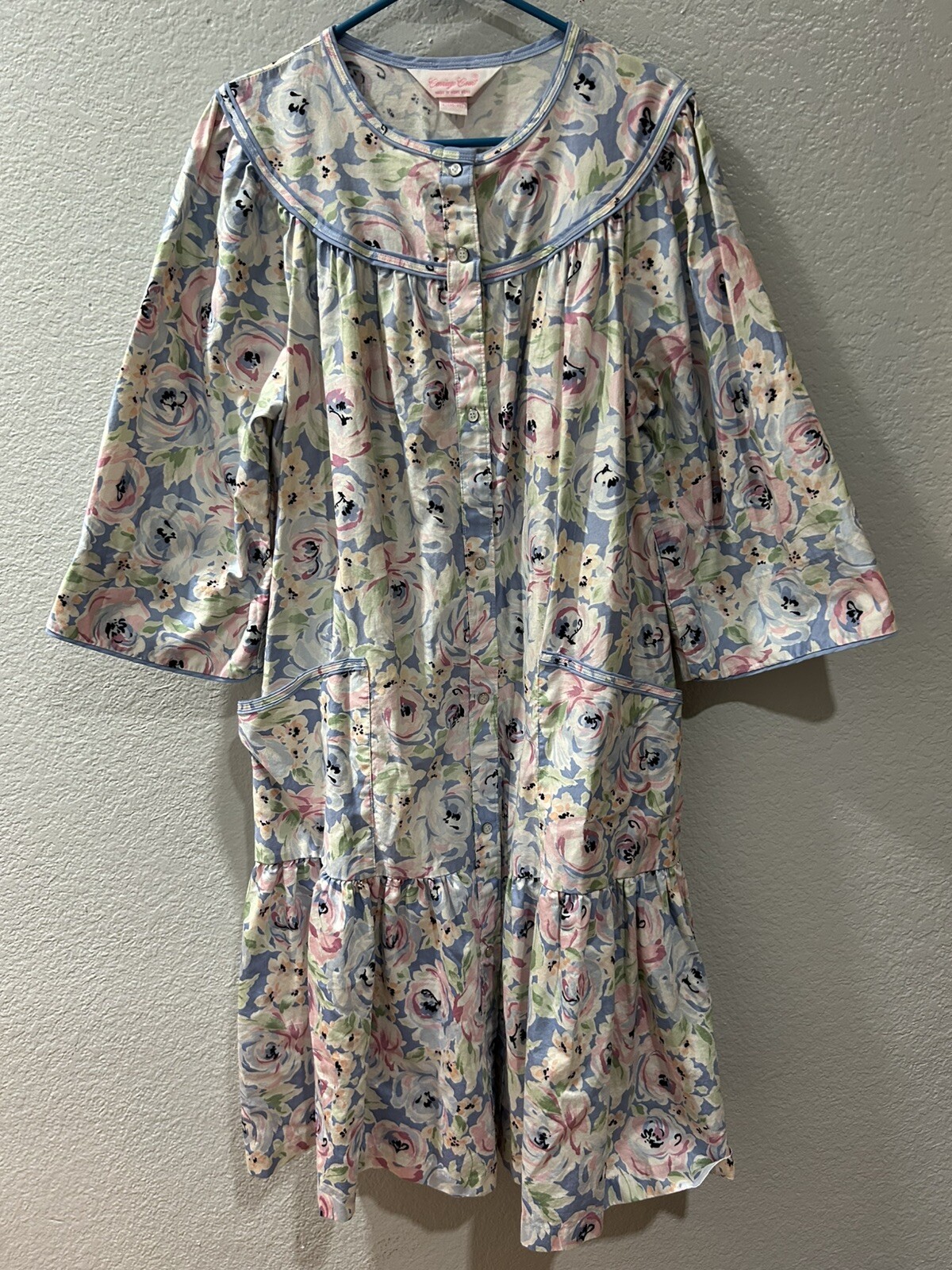 Vtg Carriage Court Nightgown L (16/18) Pink Floral Pockets Patio Wear Grannycore