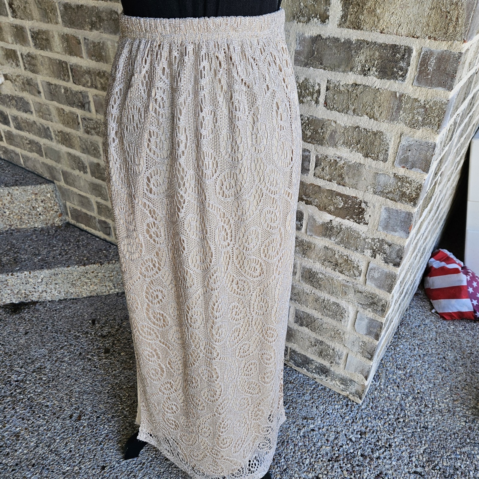 Vintage 1980s Jeffery & Dara Evenings Gold Lace Maxi Skirt Size 6