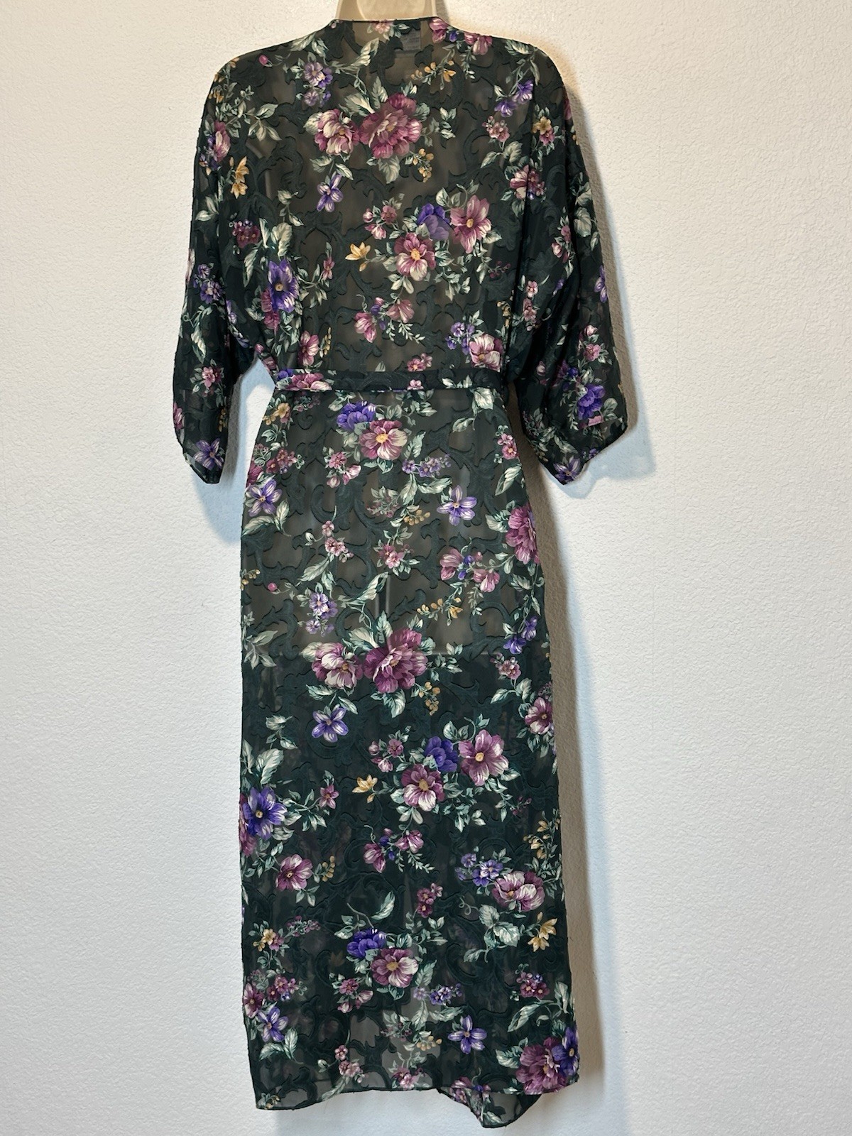Vintage 90s Dark Semi Sheer Floral Maxi Robe Whimsigoth Wrap Duster Lightweight