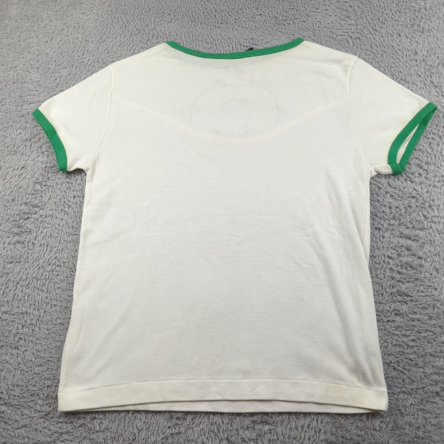 Vintage 1970s T Shirt Womens 44 White Green Trim Cotton Blend Patchwork