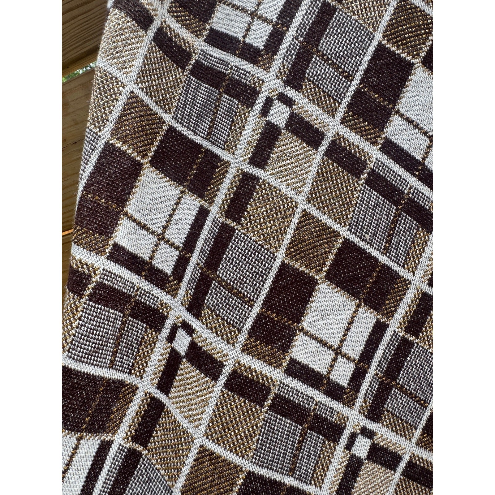 Vintage 1970s Argyle Plaid Maxi Skirt Brown Gold Metallic Lurex Knit A Line M/L
