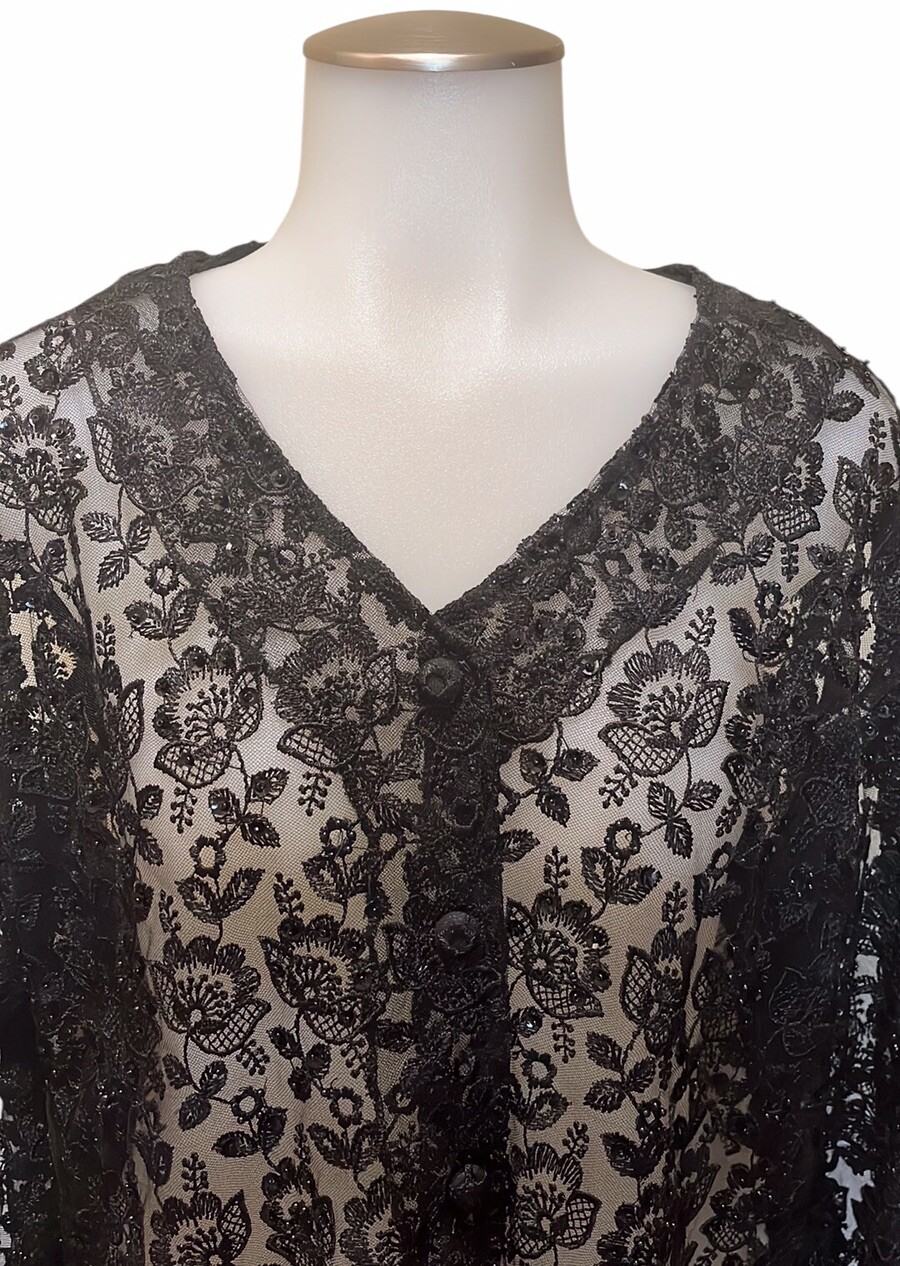 Vtg Passports Pier 1 Black Floral Lace~Bead~Sequin Top/Jacket(?)~READ