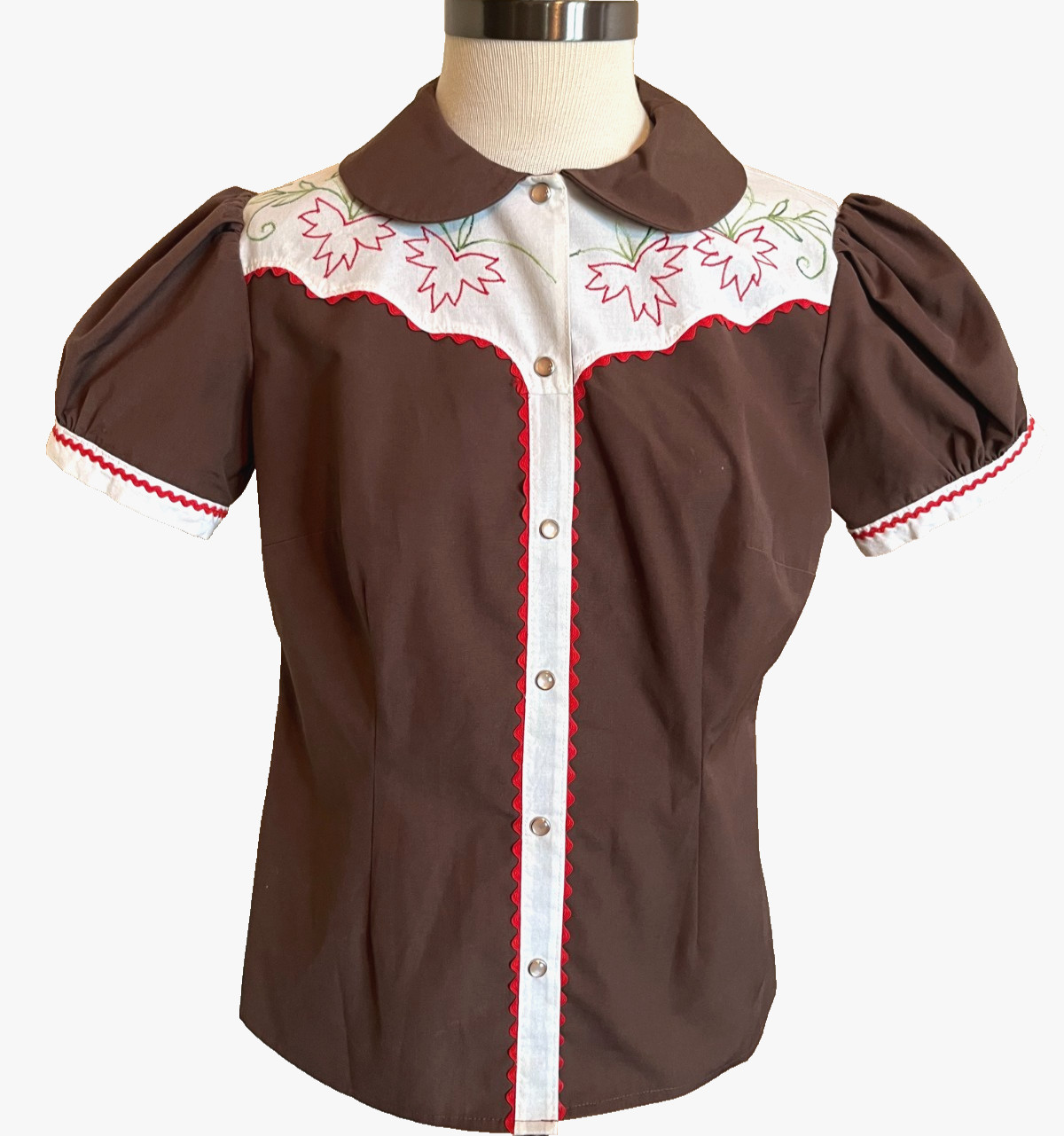Vintage Womens Shirt Blouse Western Handmade Rockabilly Embroidered Pearl Snap