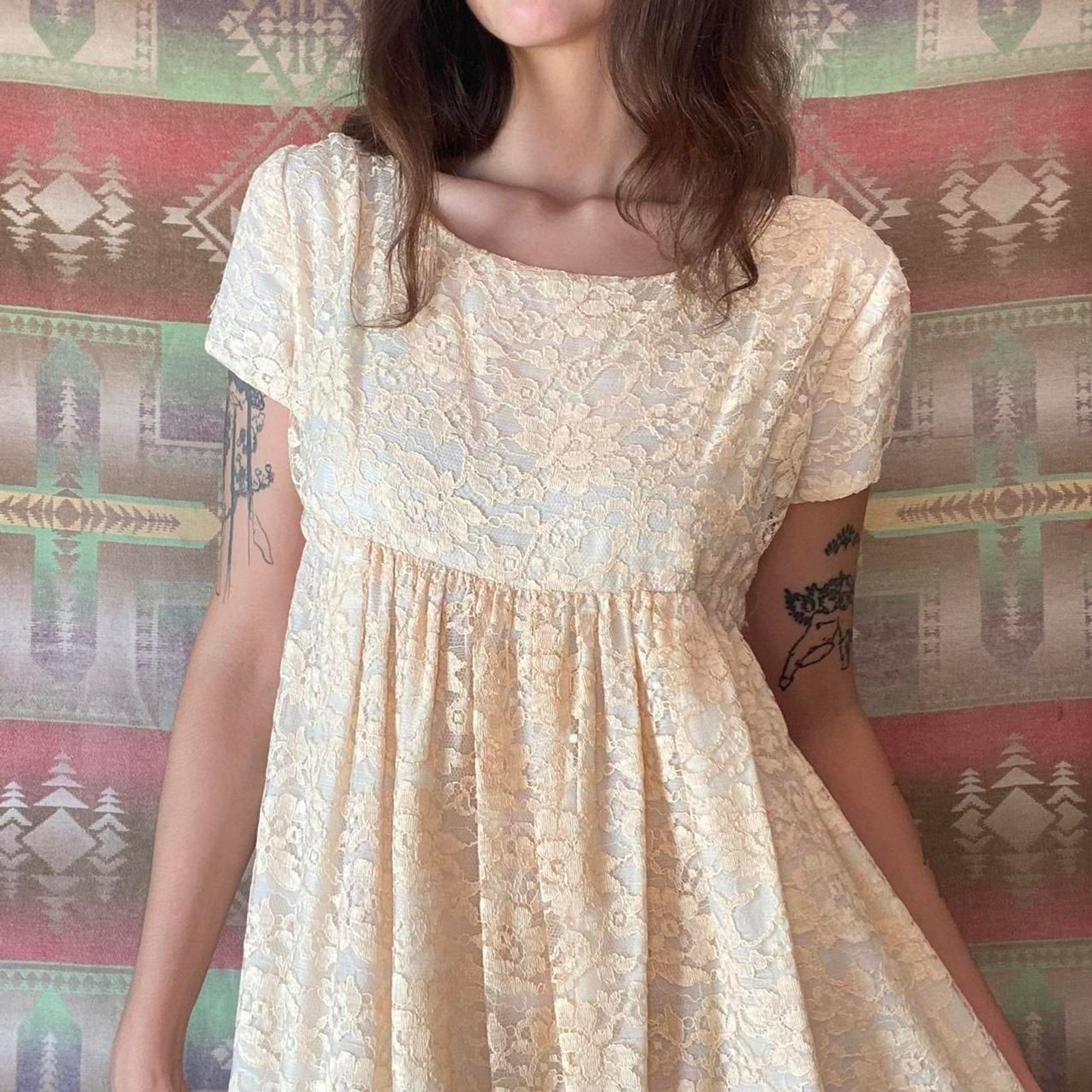 1960s cream light pink lace babydoll style dress