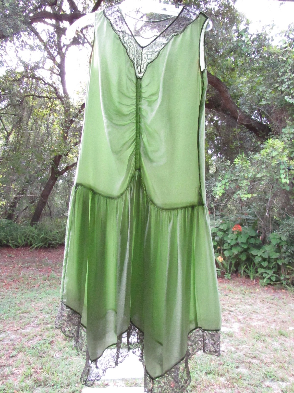 ROMANTIC 20s 30s SILK FLAPPER lace green Art Deco Dress fairy VTG whimsigoth S