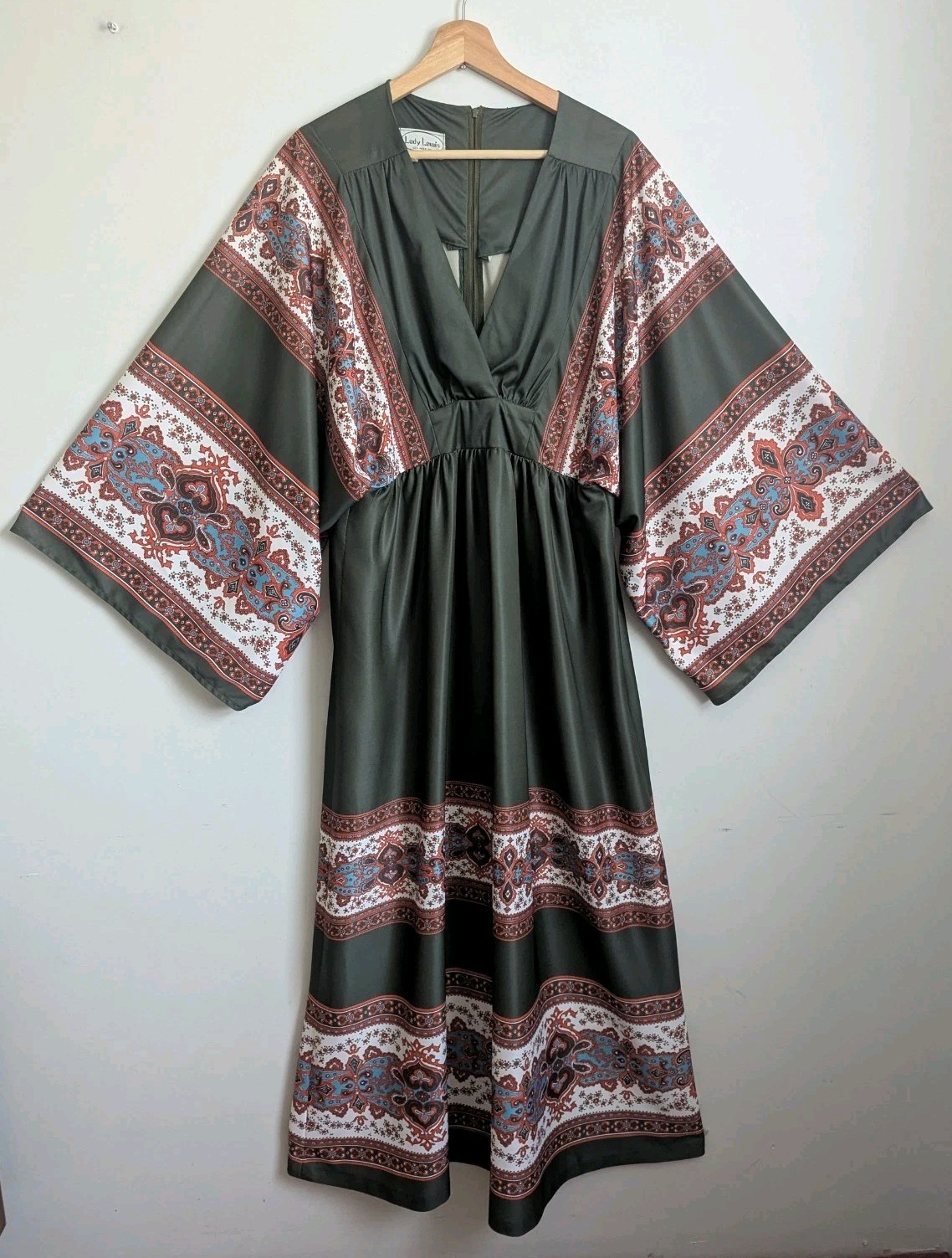 True Vintage 1970s Hippie Boho Maxi Caftan Dress Kimono Slv Olive Green L Poly