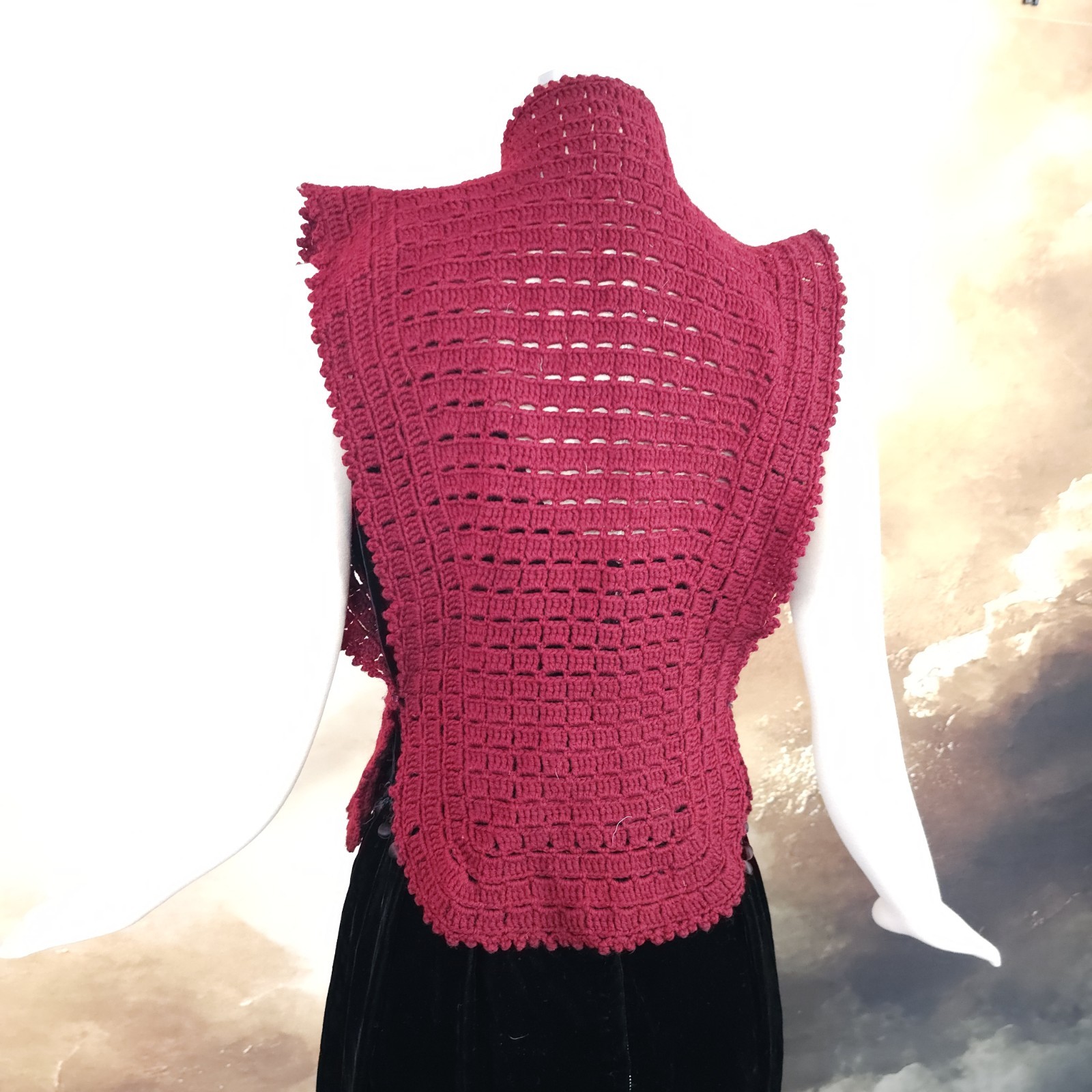 Burgandy Red Crochet Antique Vest 1920s 1930s Art Deco Sweater Shawl Bow Ties…