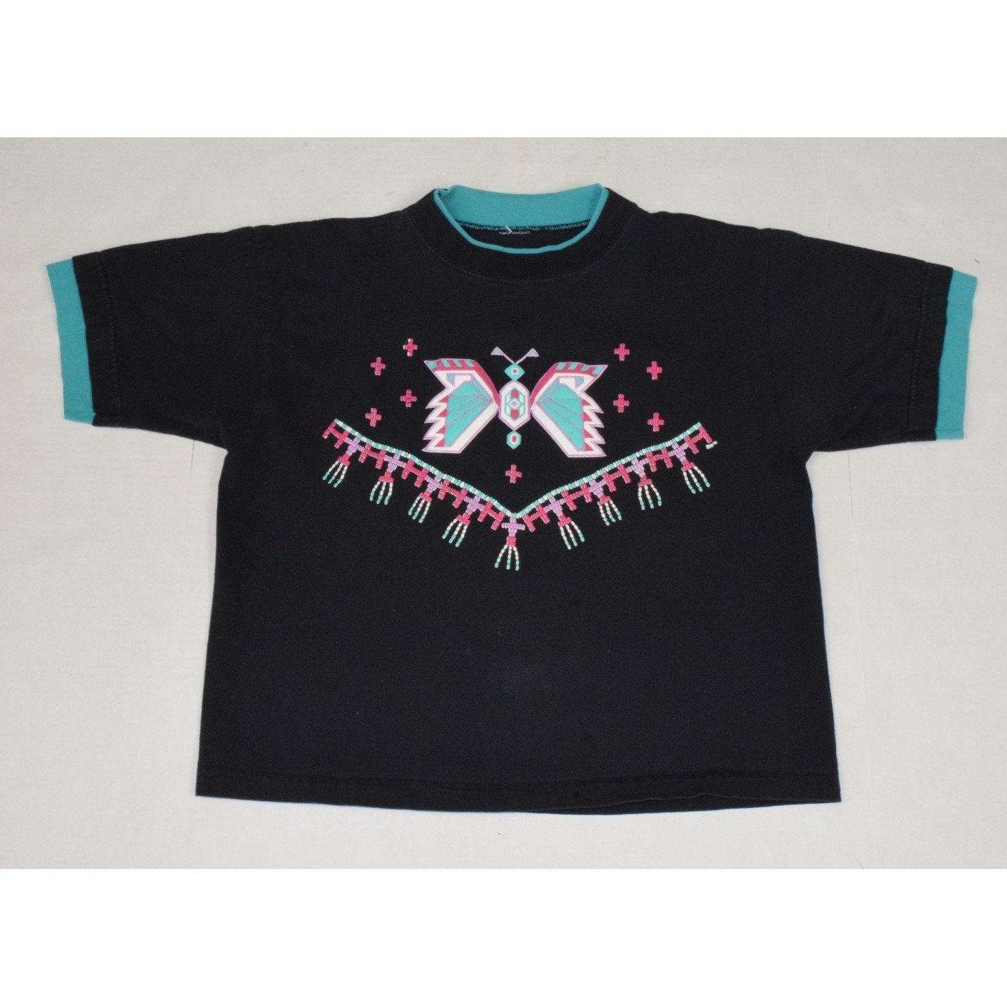 Vintage Western T-Shirt Size L 90s Turquoise Pink Butterfly Black Cotton