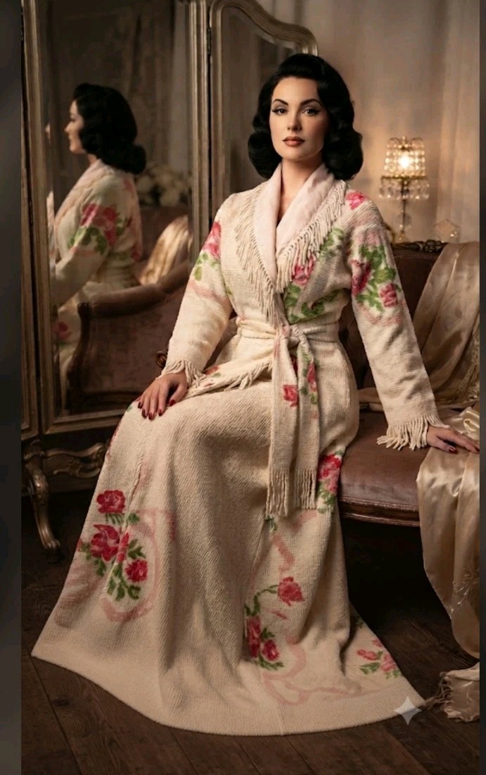 Vintage Chenille Bath Robe Long Housecoat Dressing Gown Glamorous 40s 50s