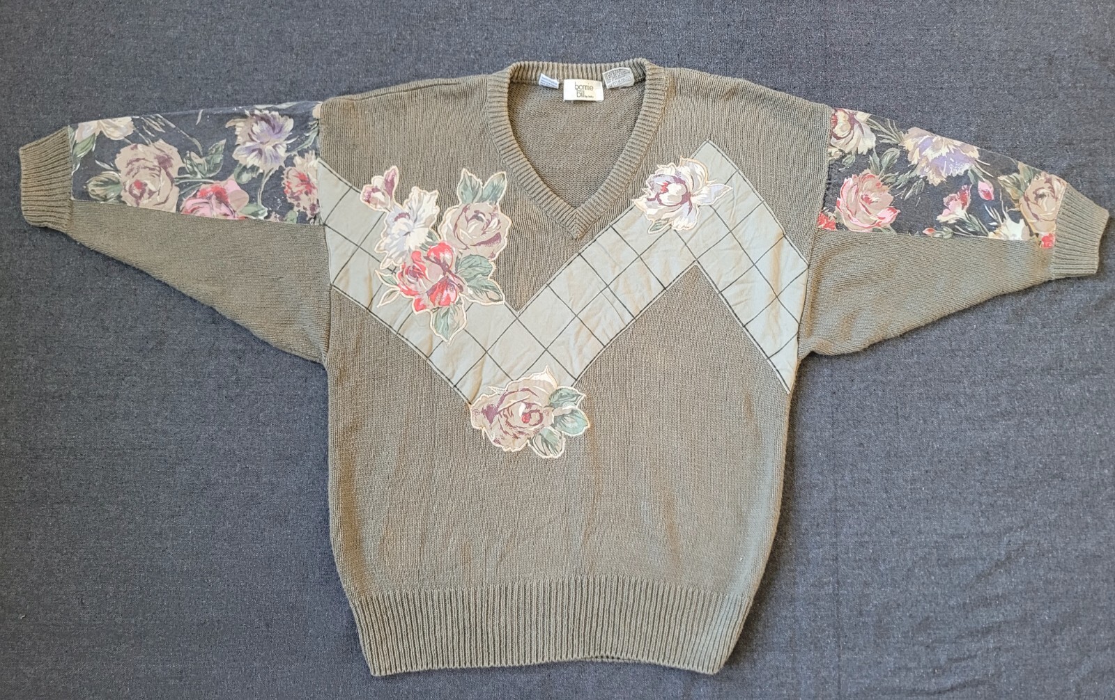 Vintage 80s 90s Batwing Applique Floral Sweater Cotton Ramie Neutral Size Large
