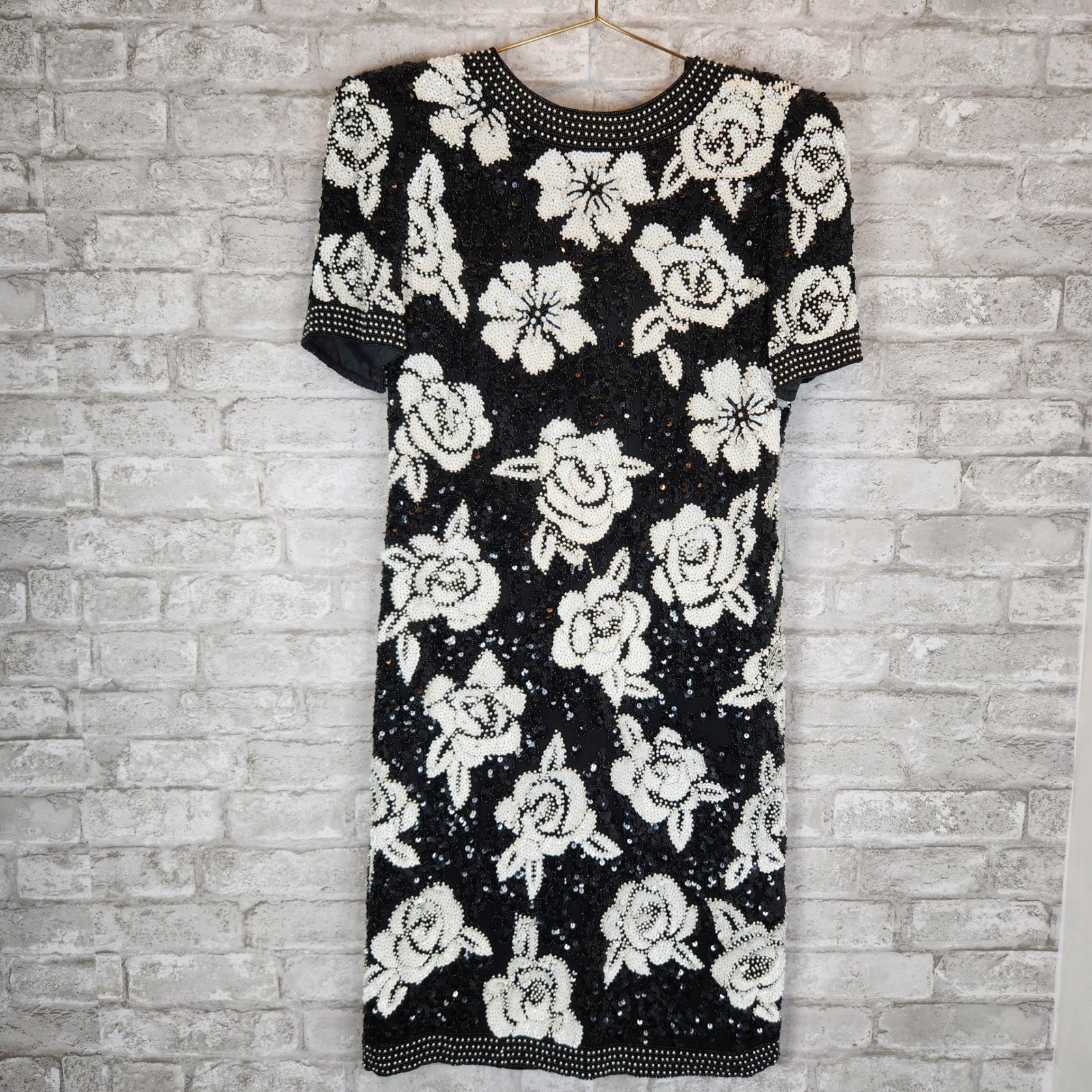 Joan Leslie Vintage 80s Dress Floral Beaded Sequin 100% Silk Cocktail 6
