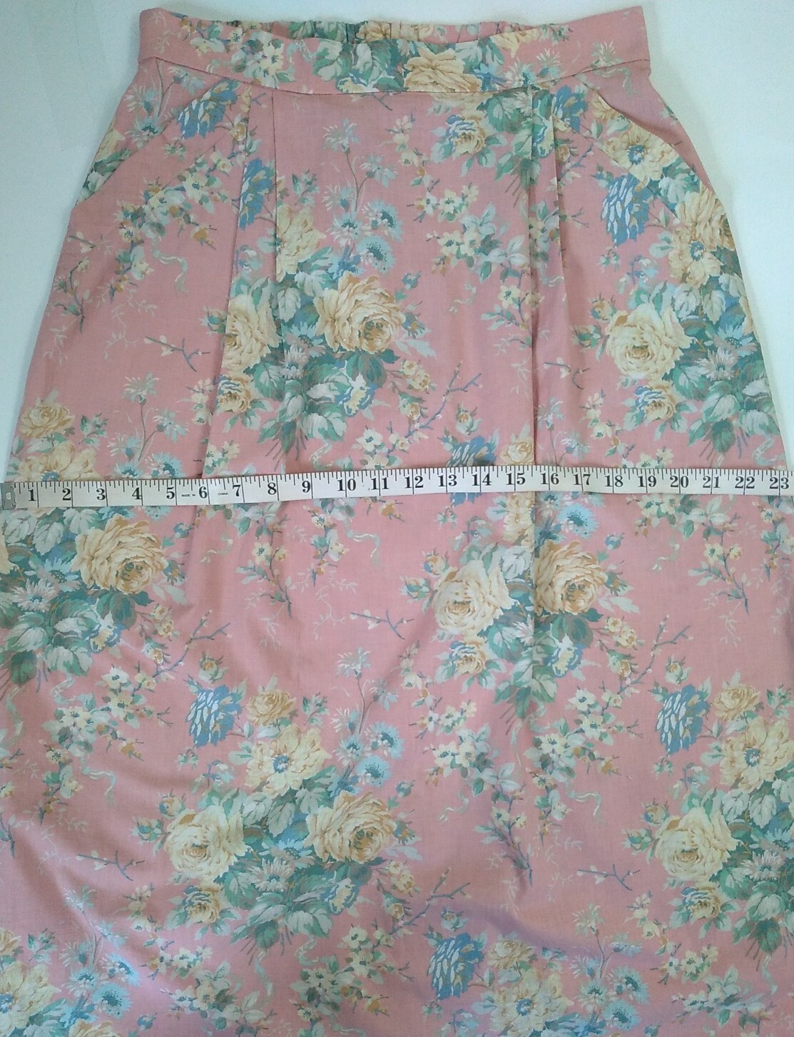 VTG John Meyer Skirt Pink Floral Cottagecore Pockets Elastic Back 29-30″ Waist
