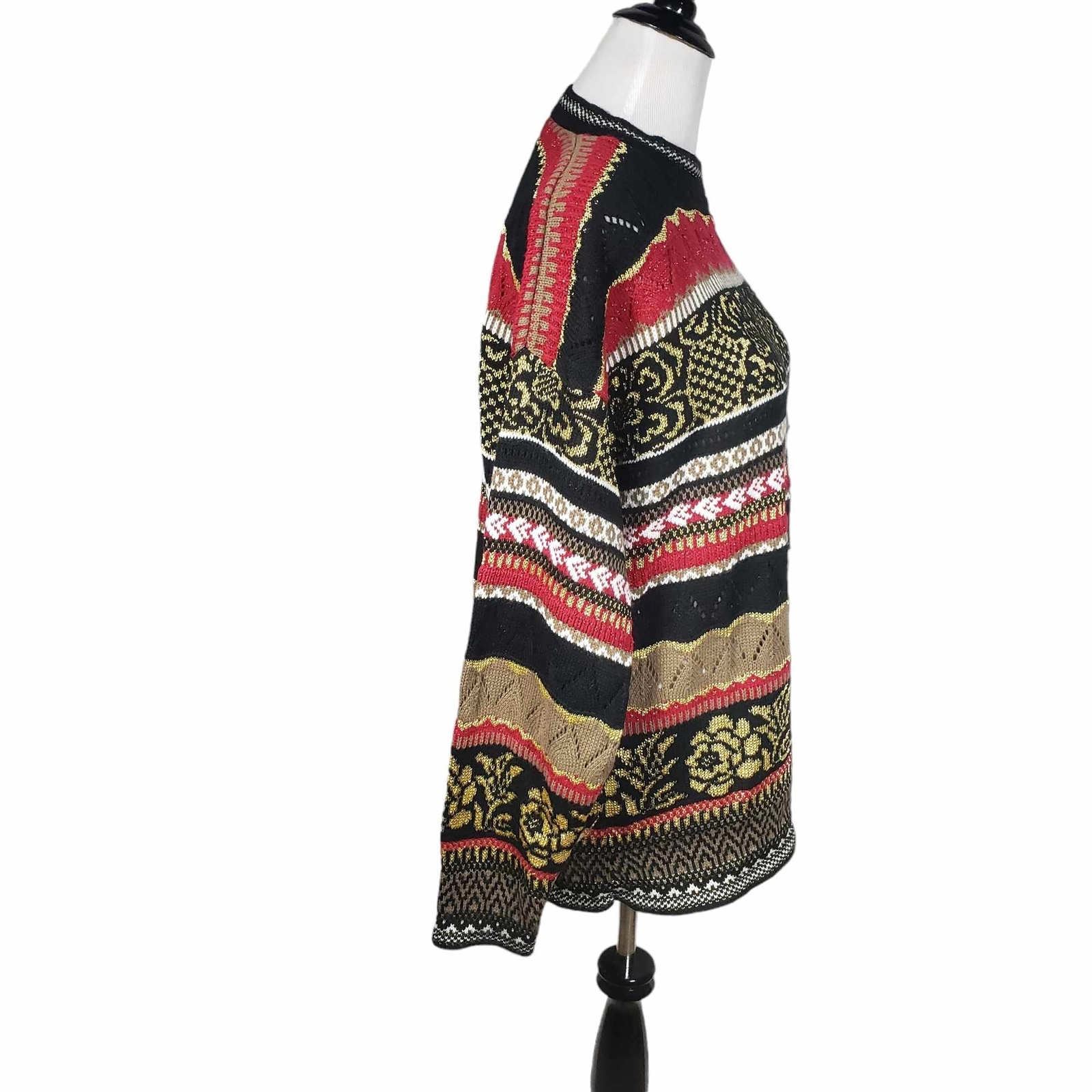 Rose Vintage *Large Black Metallic Gold Red Open Weave Knit Acrylic Blnd Sweater