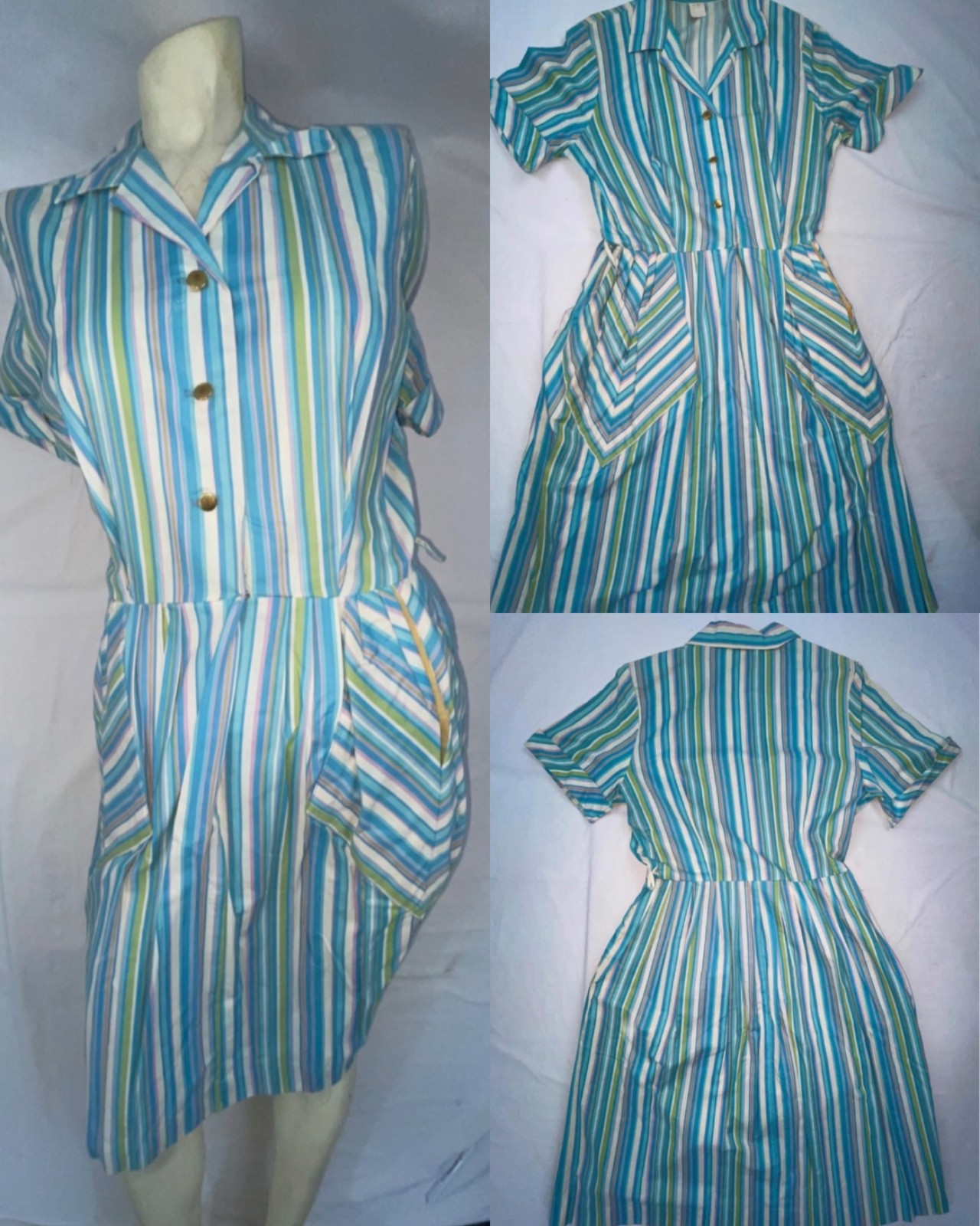 VTG 50S 60S WOMENS S/M SUPER STRIPE ROCKABILLY GABARDINE HOUSE DAY DRESS