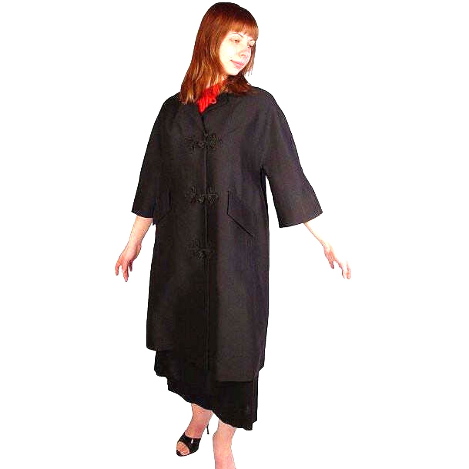 VTG 1950s Black Wool Sack Coat Asian Frog Closures Silk Blend MCM L/XL