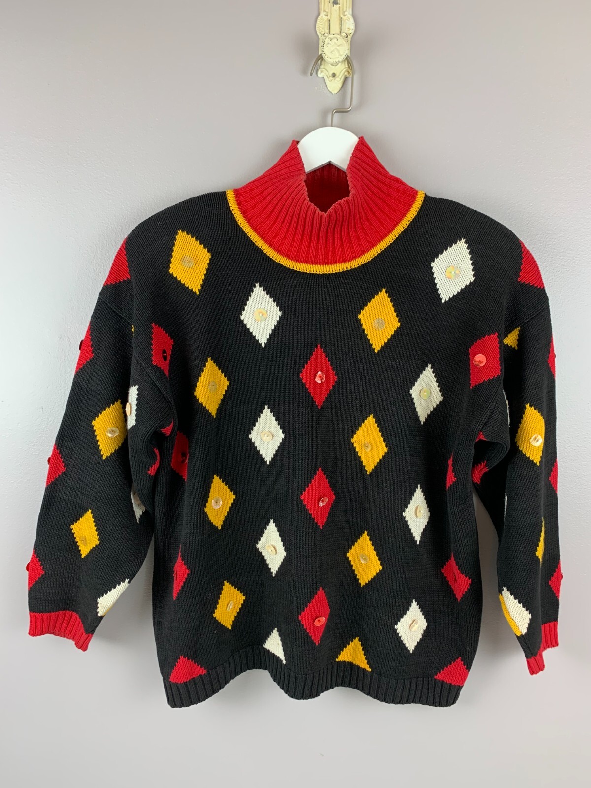 Vintage Ugly Sweater Richard Sport Small S Mock Diamond Shapes Sequins Beaded