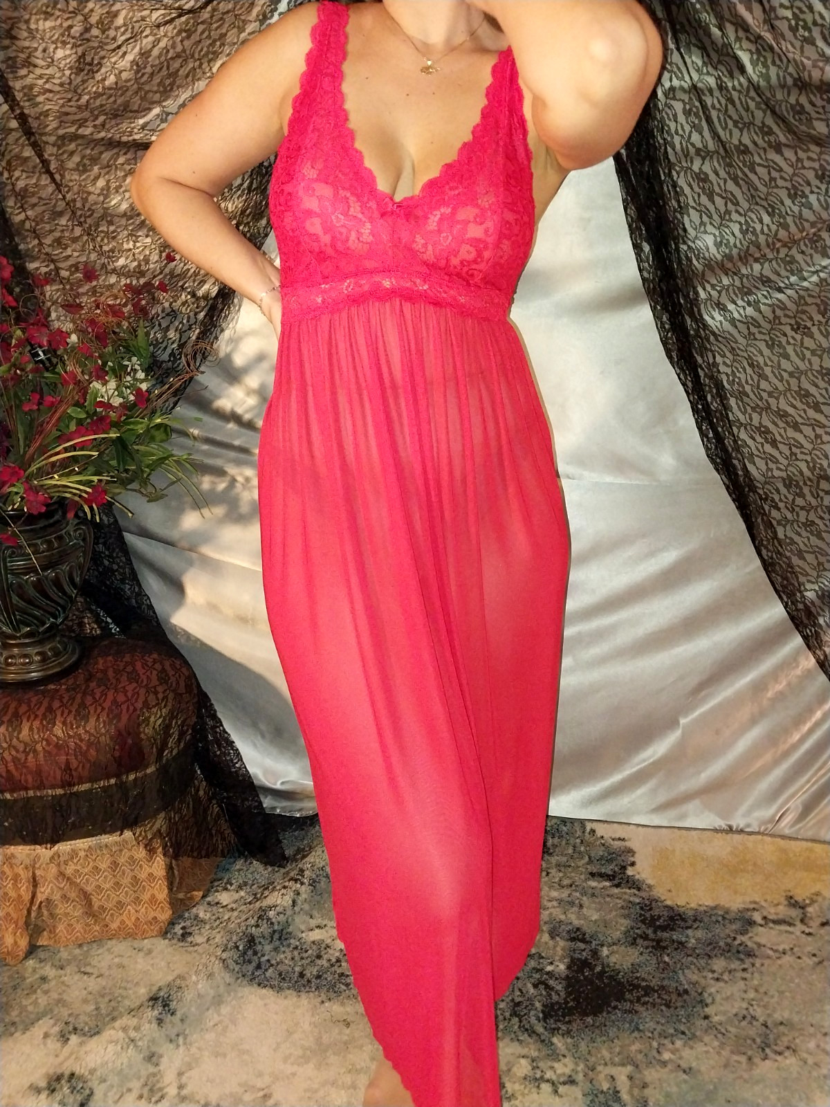 VTG SILKY SPANDEX SHEER OPAQUE NIGHTGOWN GOWN S/M 40″ LACY NIGHTIE