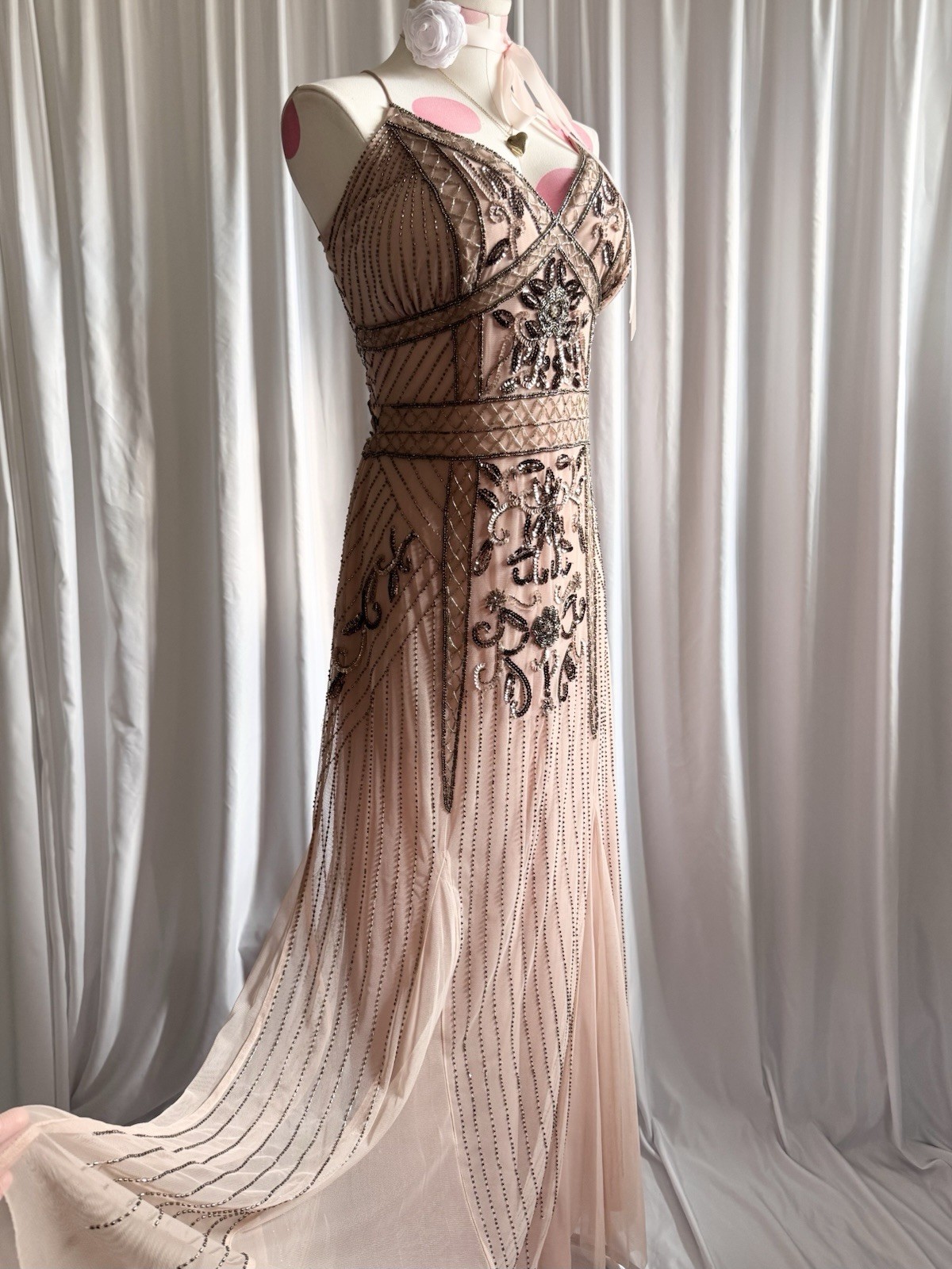 Vintage Pink Silver Fairy Beaded Sequin Ruffle Princess Formal Gown Dress 15/16