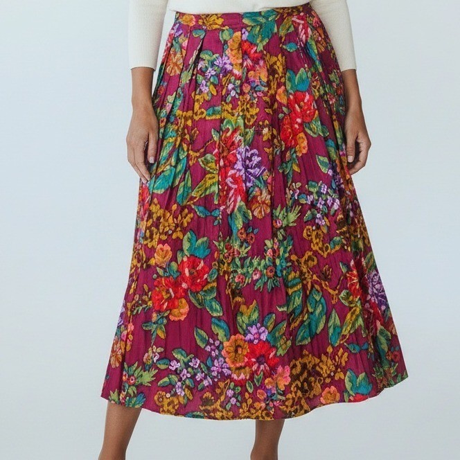 Segue Vintage Magenta Floral Pleated Rayon Midi Skirt Pockets Womens 14