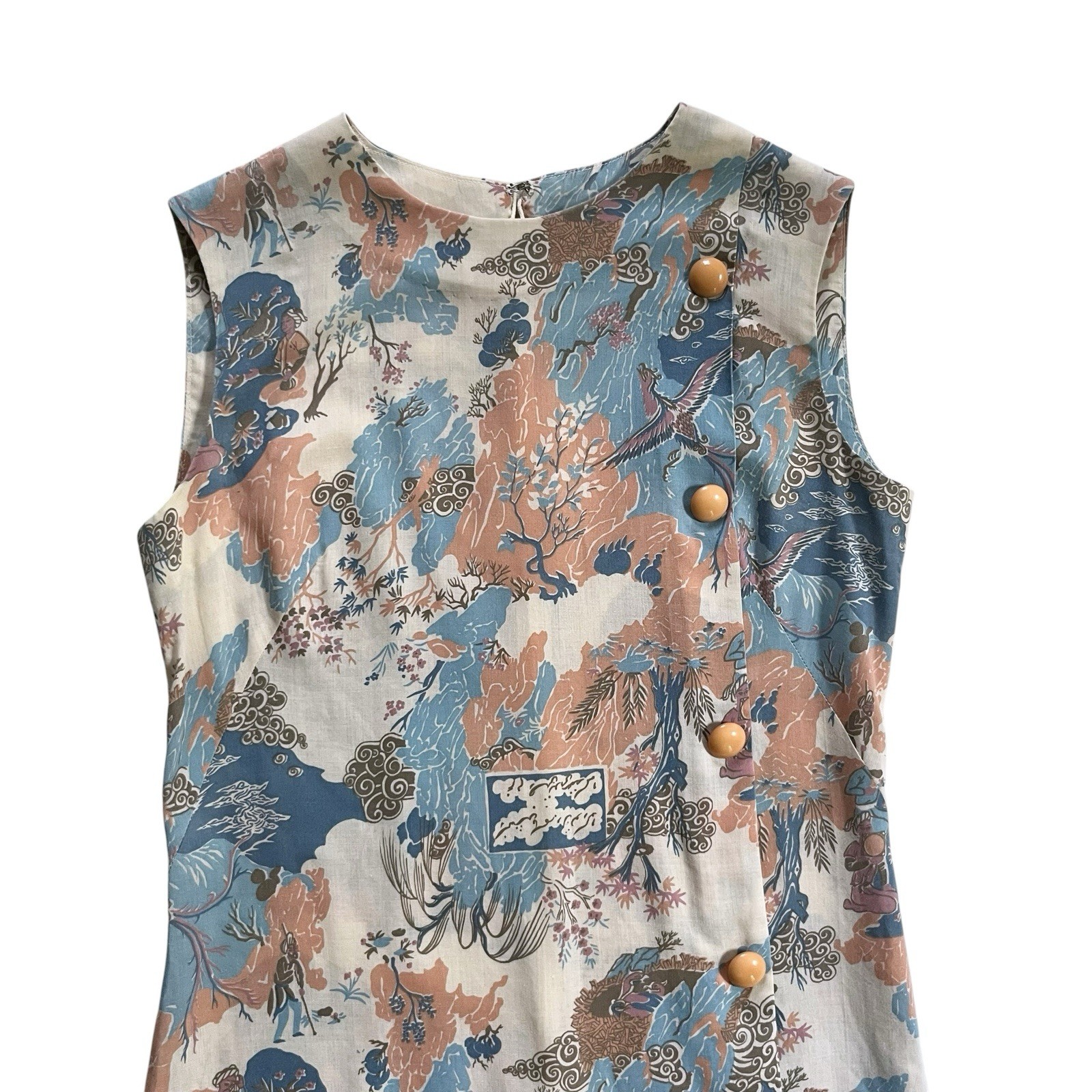 50s 60s Vintage Handmade Asian Inspired Print Shift Dress Small