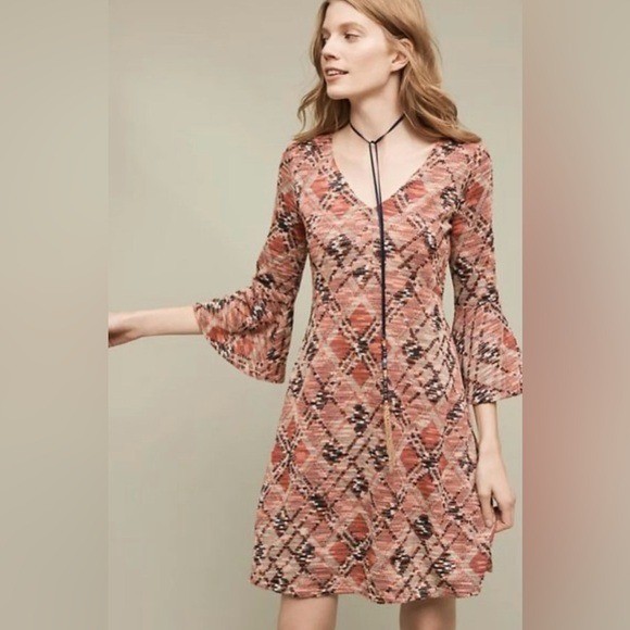 Maeve Anthropologie Erina Swing Dress Bell Sleeve Pink Boho Printed Size Large