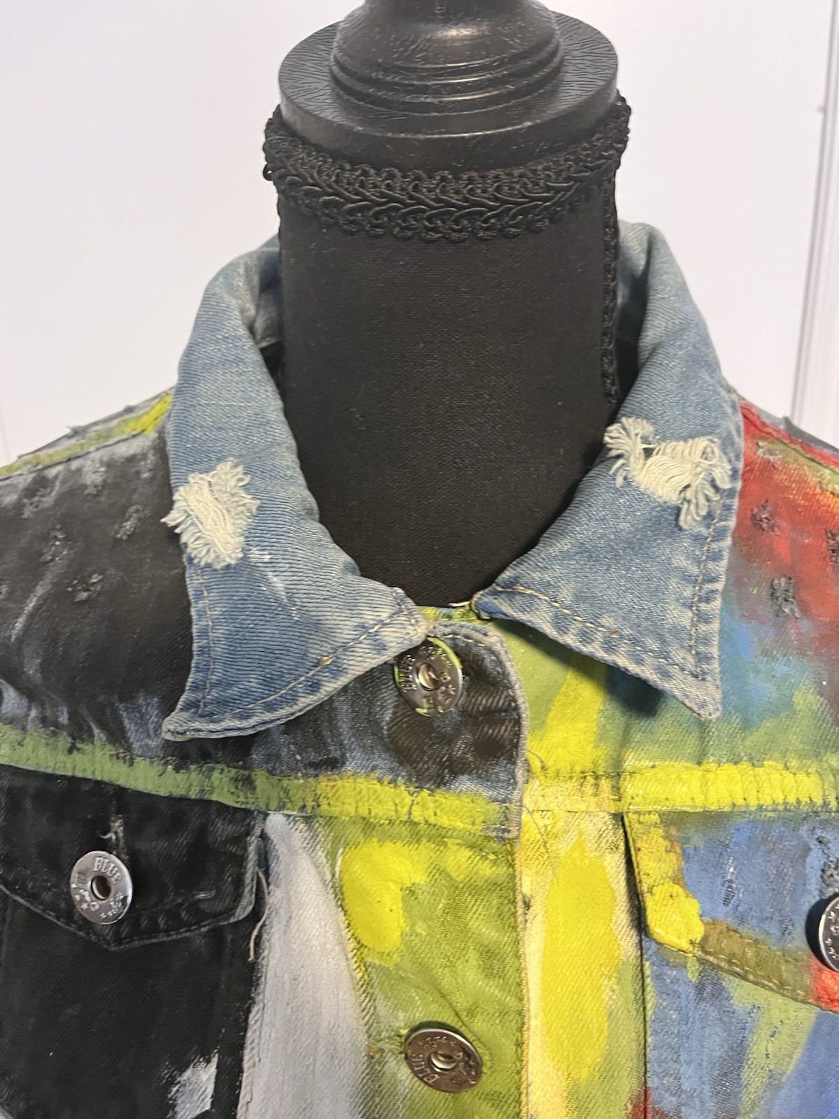 Jean Jacket Women Small Multicolor Upcycled Hand Painted Wearable Art Thrashed