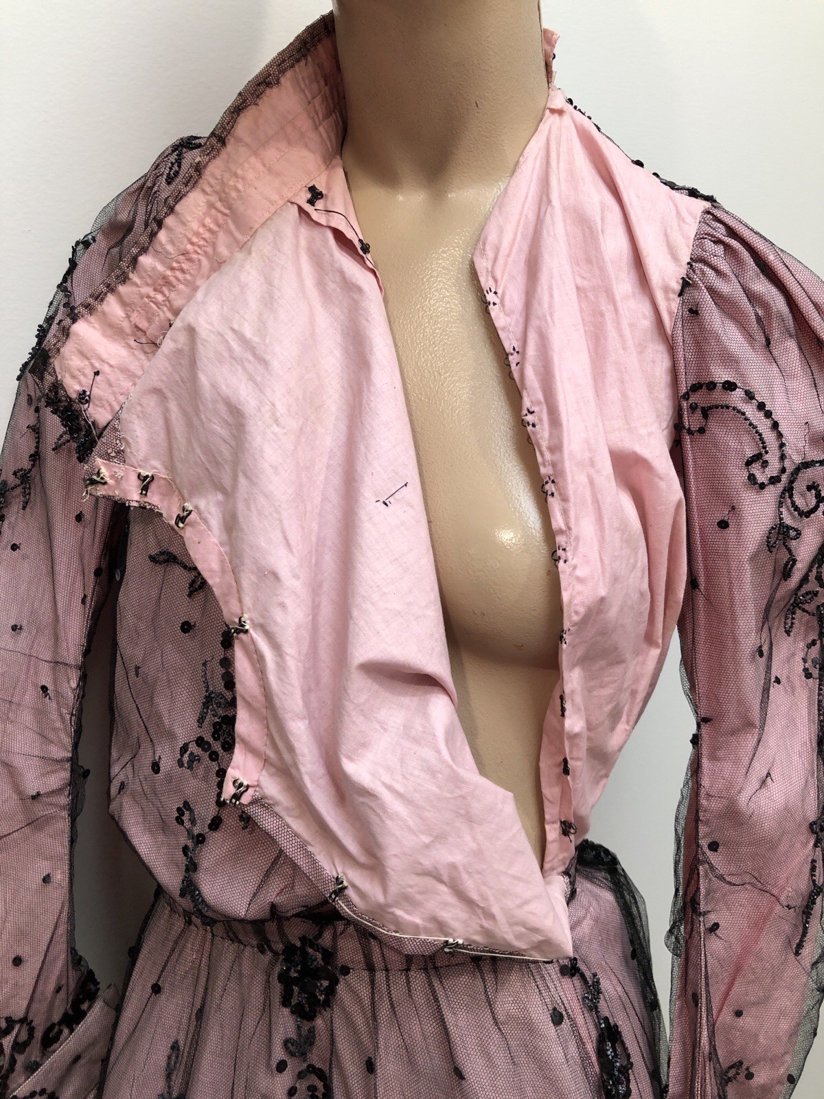 ANTIQUE VICTORIAN Early 1900s GIBSON GIRL PINK+Black JET SEQUIN BEADED 3Pc GOWN