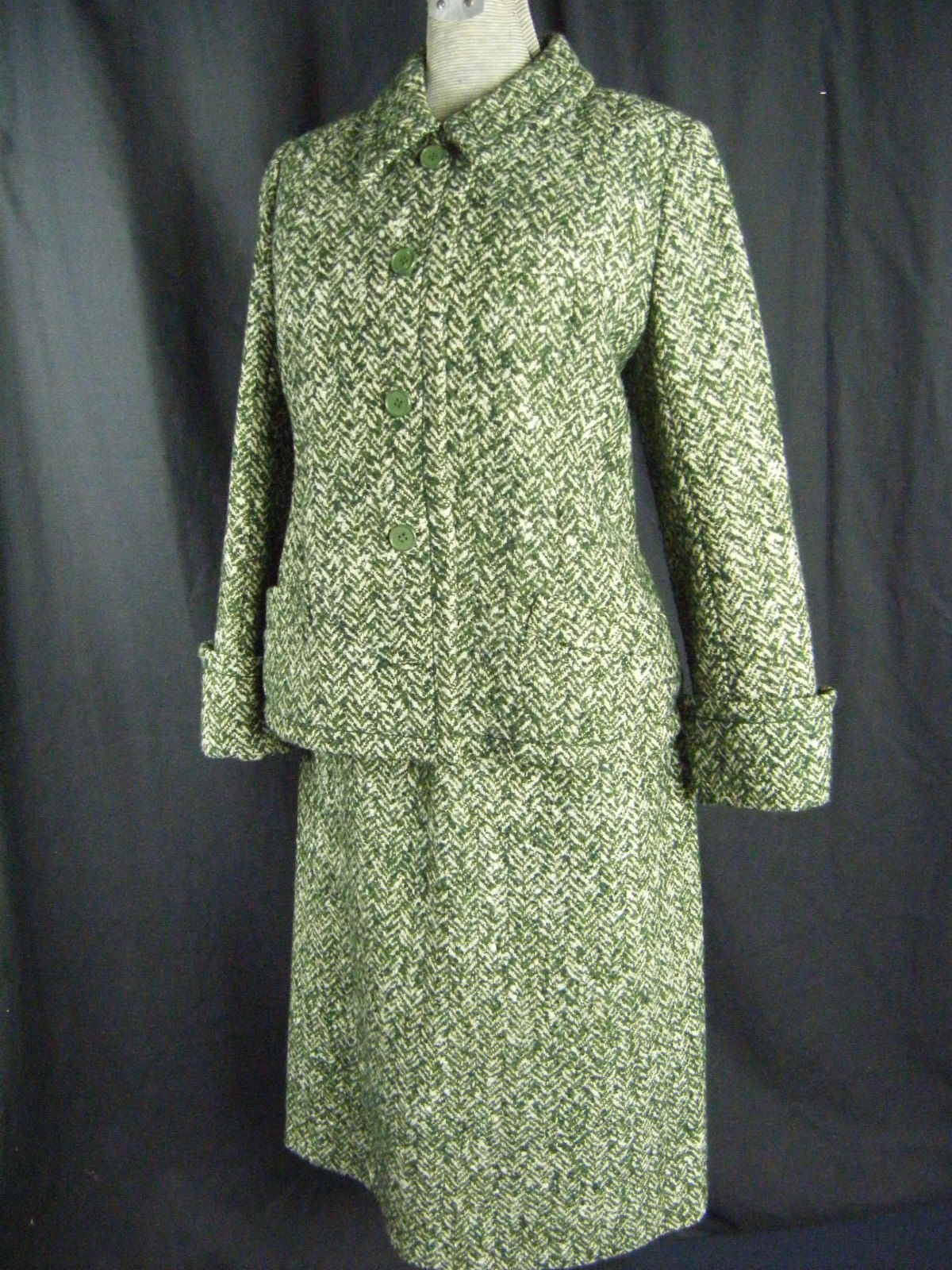 JEAN PATOU Vtg 60s Green/Cream Wool Tweed Jacket & Skirt-Bust 38/Waist 27/S-M