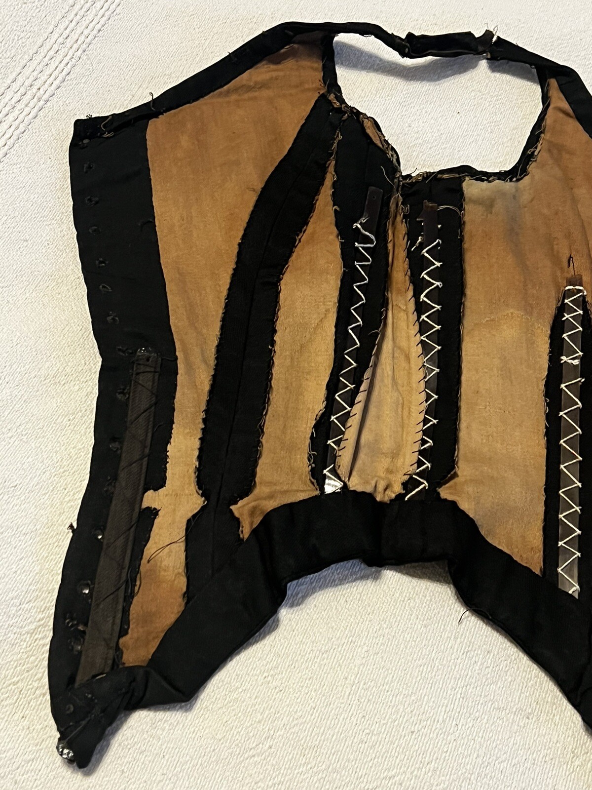 Antique 1930s Black Silk Corset Lace Up Boning Top VTG Bustier Steampunk Gothic