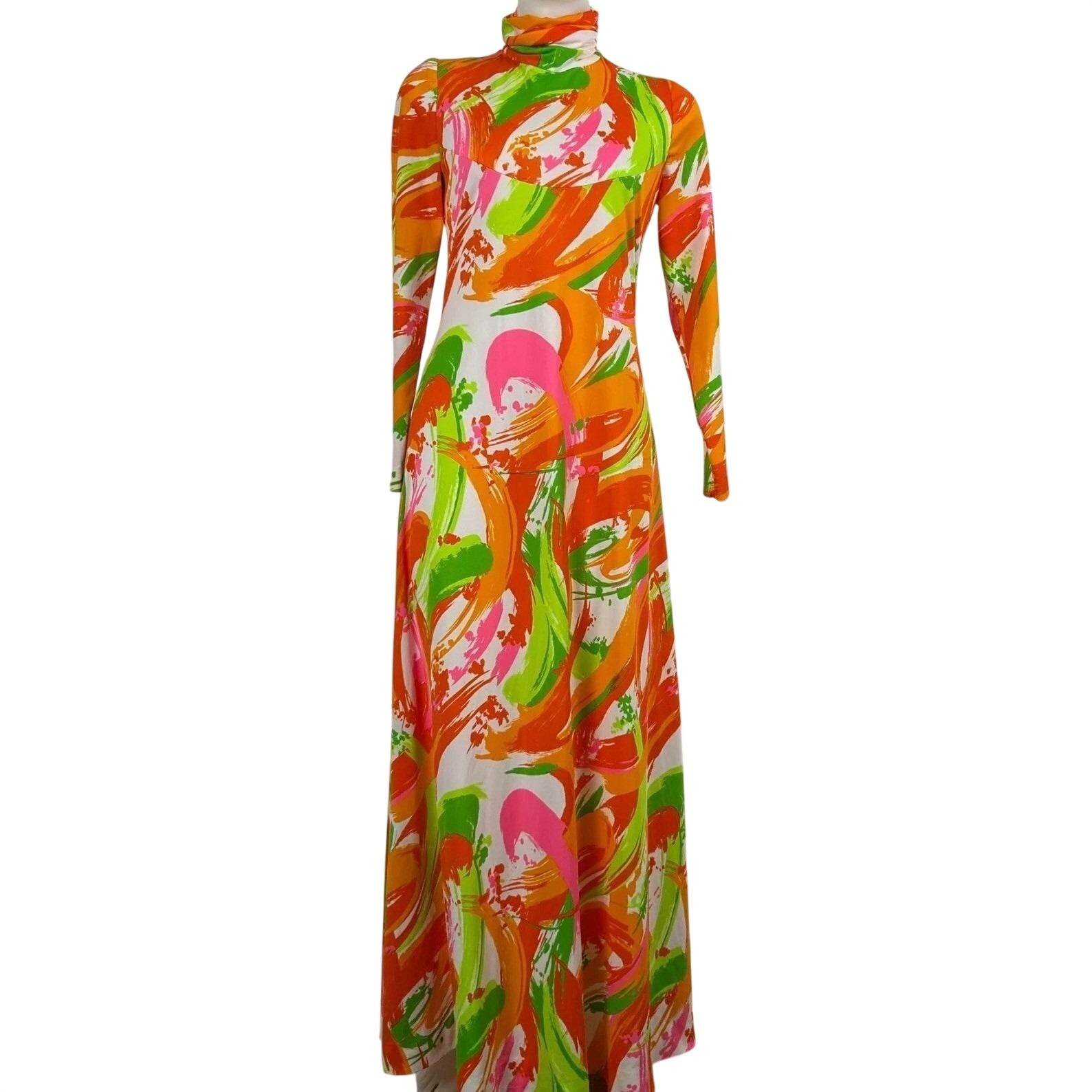 Vintage 70s Psychedelic Maxi Dress Multicolor Abstract Mock Neck Retro Mod