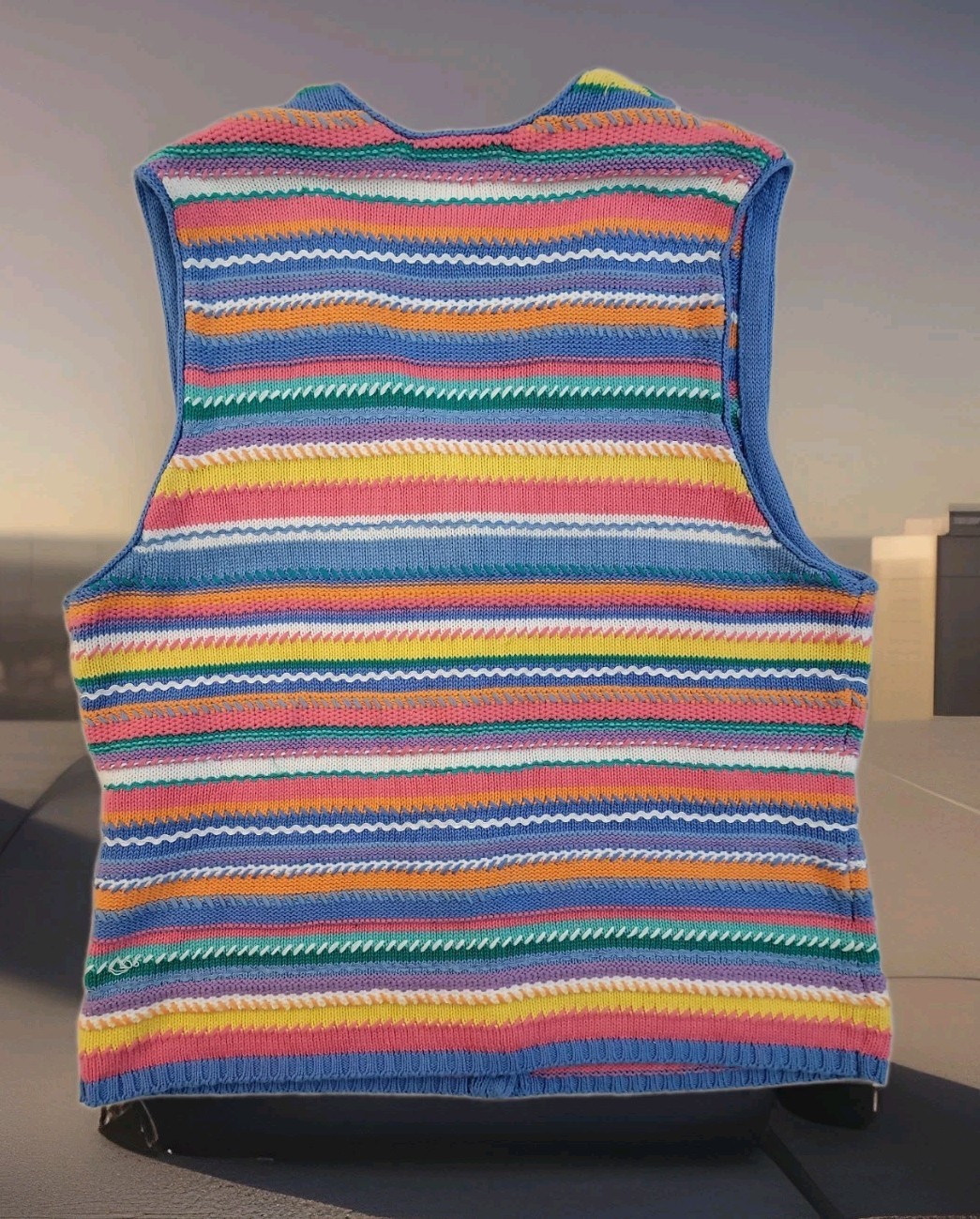 VTG 90s ROBERT SCOTT-LTD Stripe Crochet Womans Vest Med 17×22