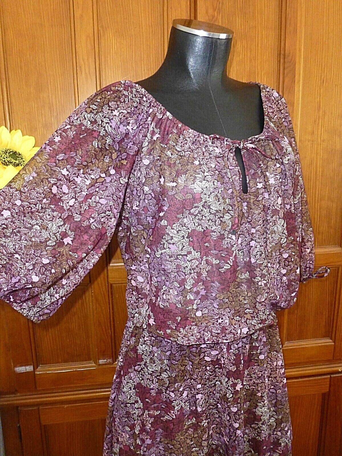 VTG 70s 1970 Sheer Floral print Puff Slv BoHo Cocktail Secretary Peasant DRESS L