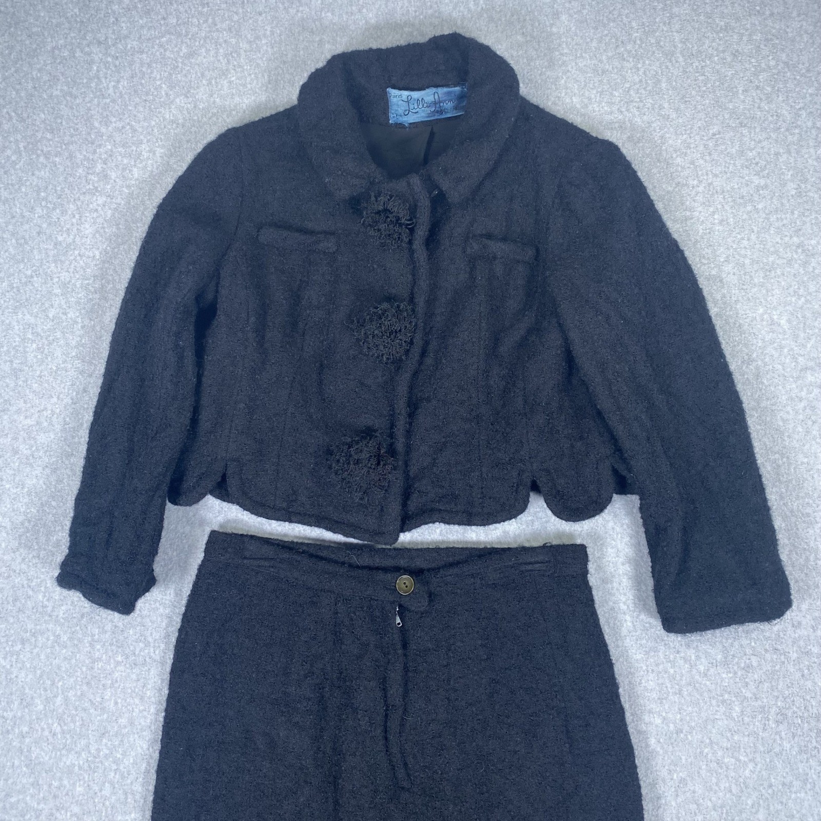 Lilli Ann Paris Bouclé Wool Suit Set 50s/60s Black Jacket Skirt Pom Pom Buttons