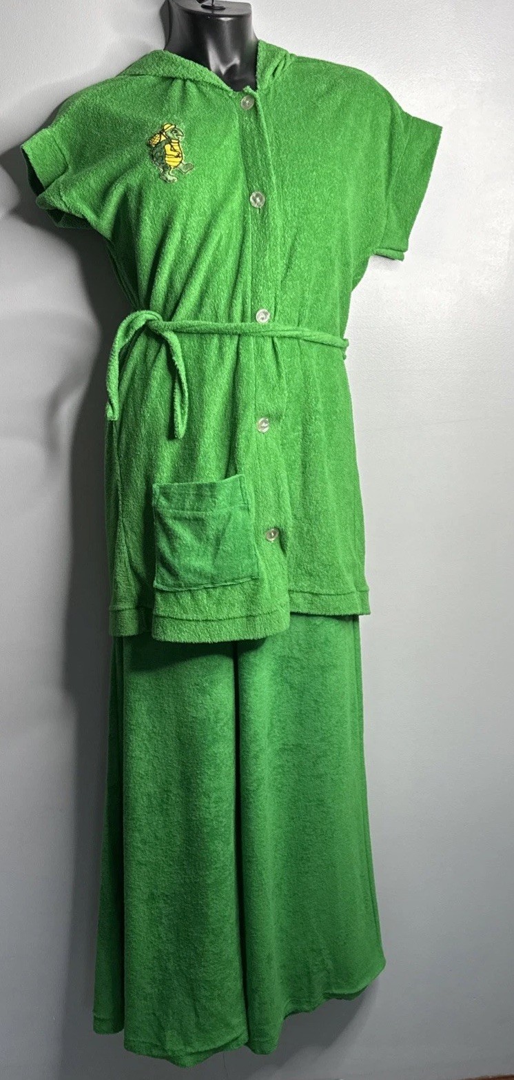 Vintage Terry Cloth JUMPSUIT Romper Robe Green Turtle Medium Strapless Flare Leg