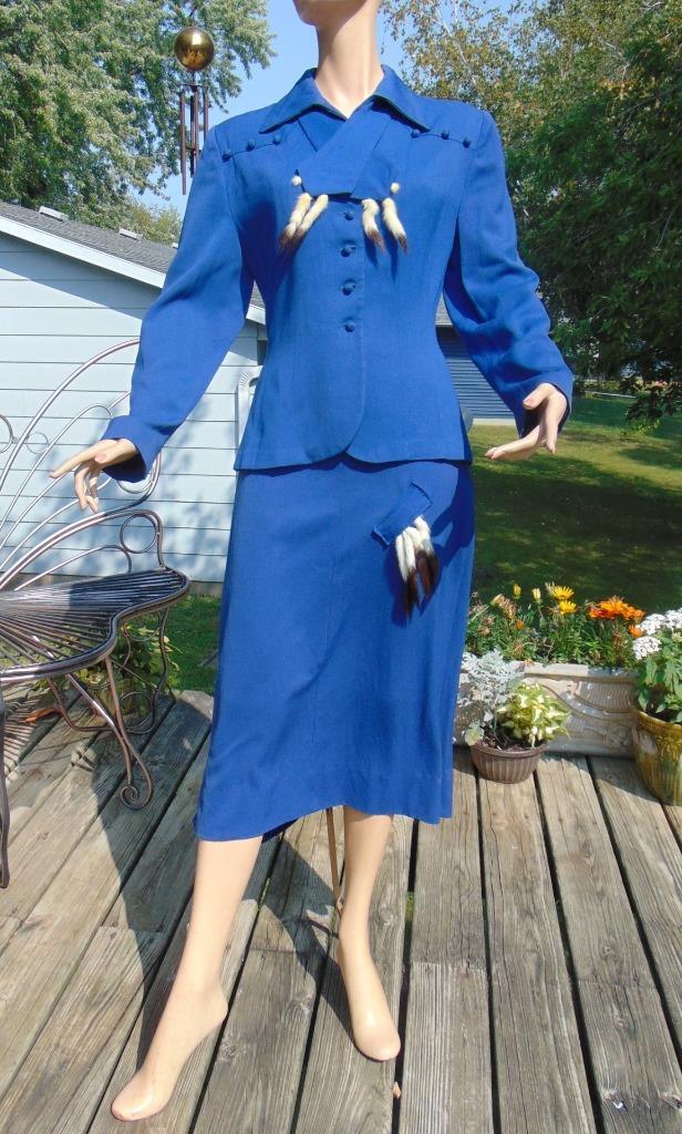 VTG 40s Lowell Gagnons Blue Gabardine Suit Ermine Tails 26 & 28W Union Label
