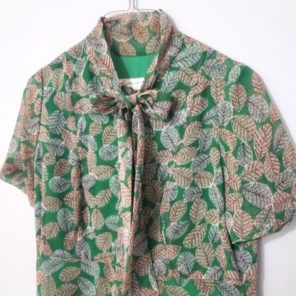Vintage Union Dress Maker Green Leaf Print Pussy Bow A-Line Dress Short Sleeve