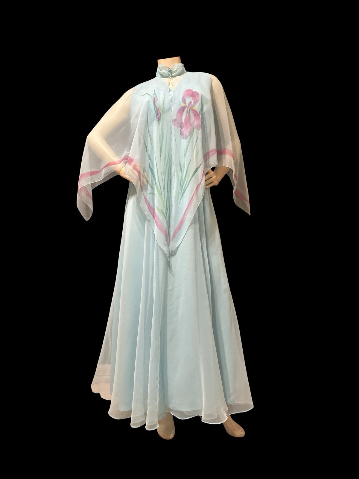 1970s Blue Chiffon Hostess Maxi Dress Empire Waist Cape Overlay MIL Dress 14 VTG