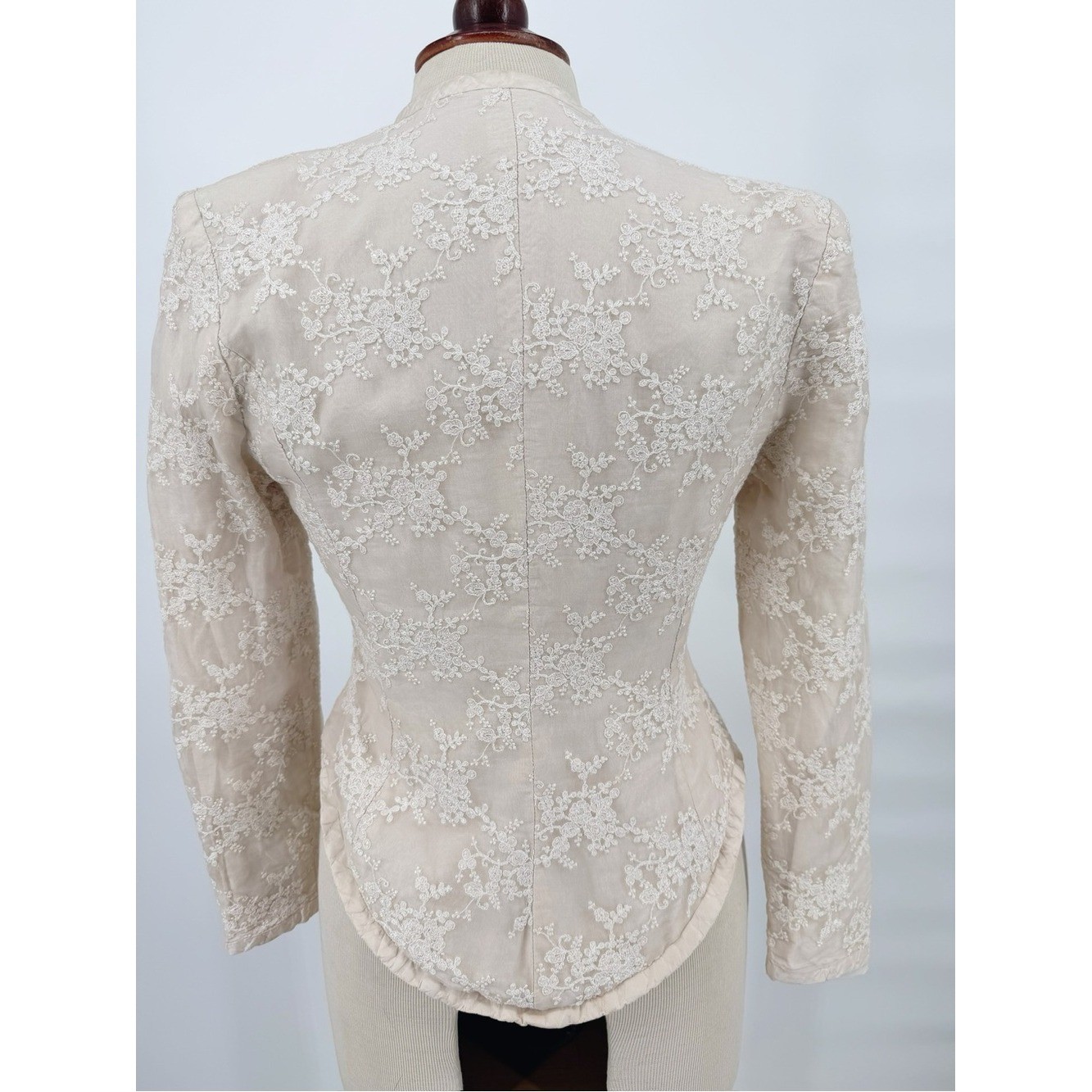 Vintage Angela Vickers Silk Lace Victorian Blouse Jacket XS/S Ivory Embroidered