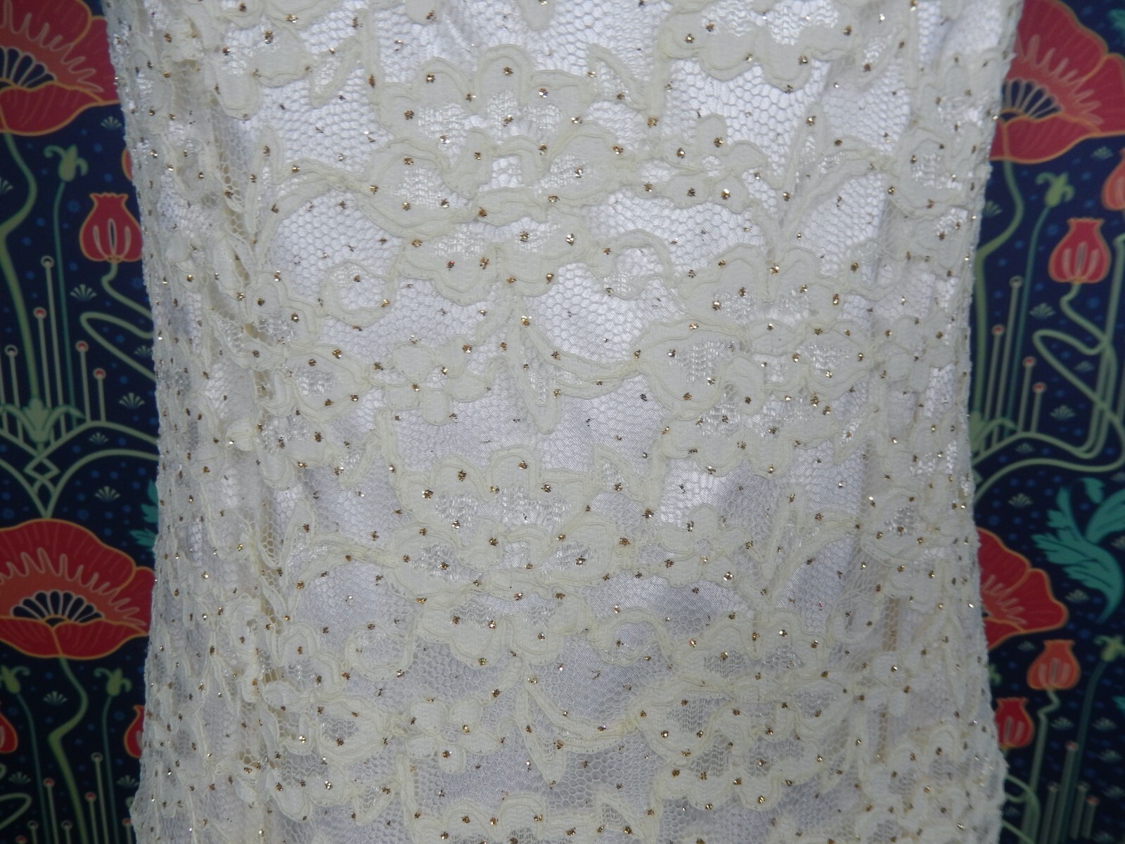 Vintage 90’s Y2K Ivory White Satin Lace Gold Glitter Prom Slip Gown Dress