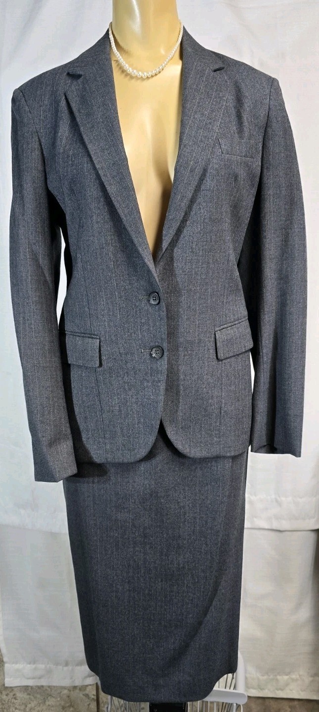 Anthony Allan Vinta Suit Skirt Jacket 2 Piece Set Grey Pink Pinstriped Sz 8 36